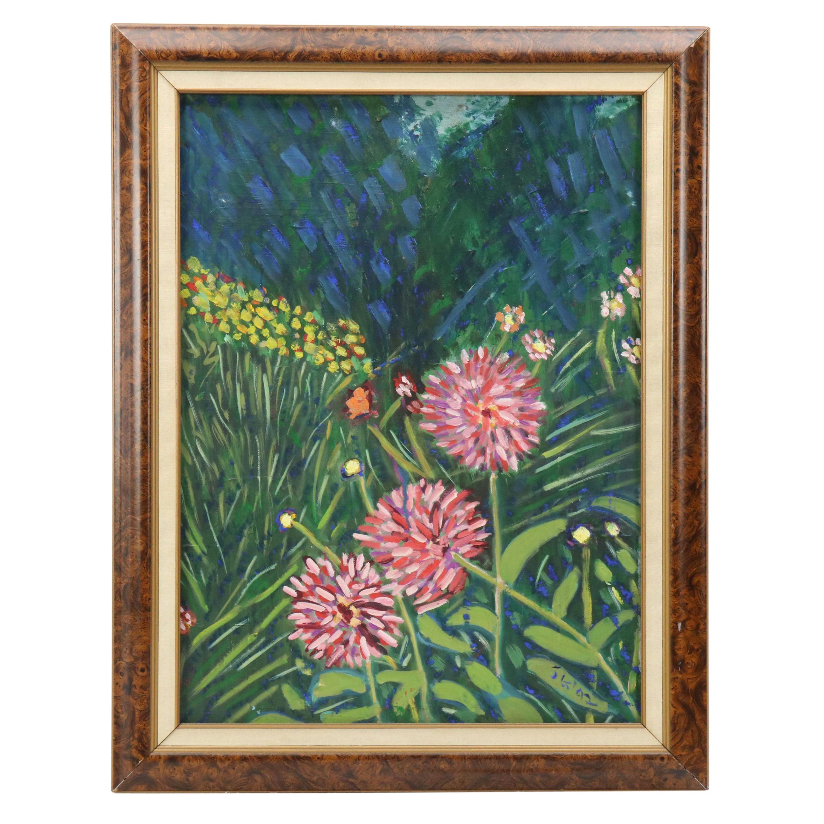 Janice Guttman Close-Up View Acrylic Painting of Flowers in Lawn, 1992