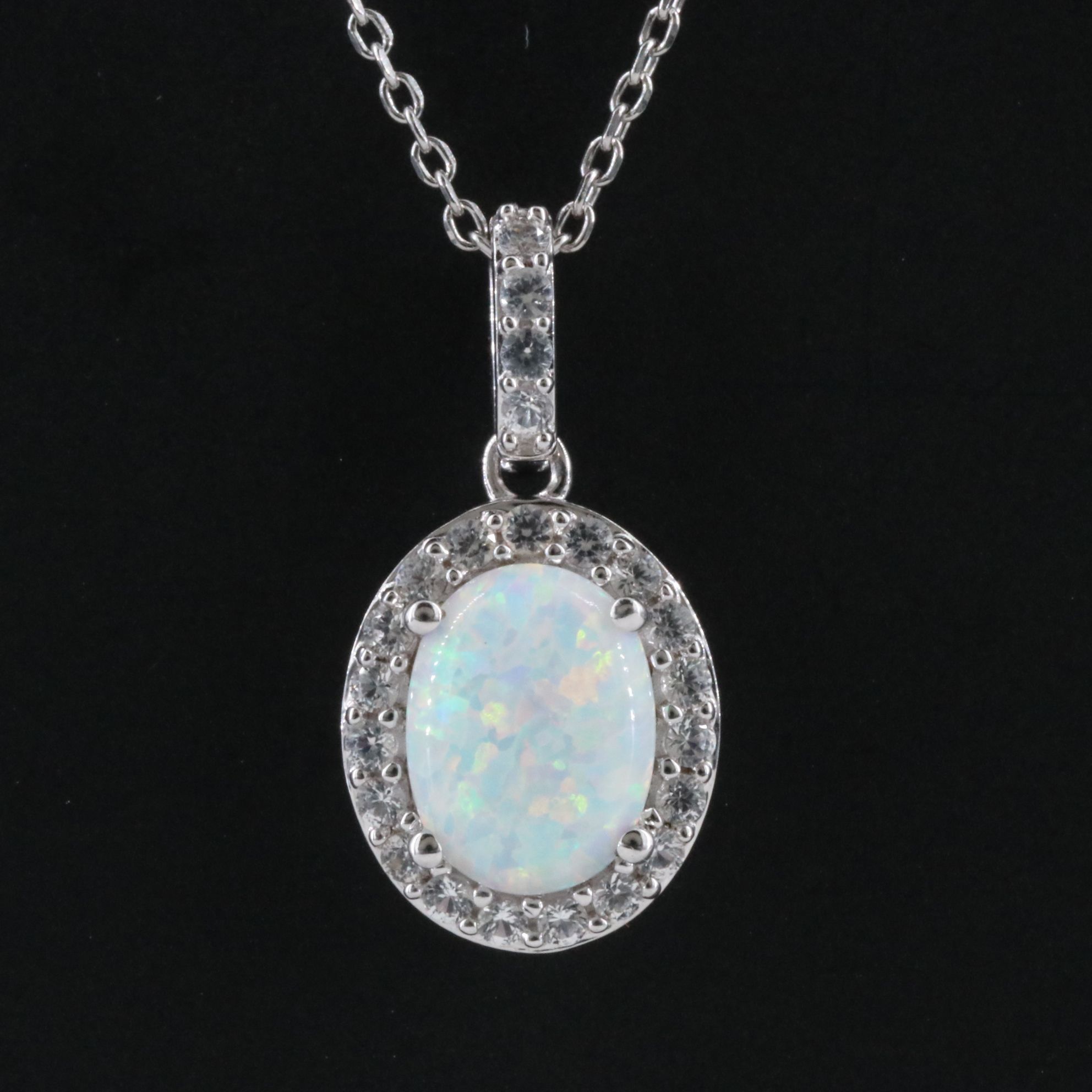 Sterling Opal and White Sapphire Pendant Necklace