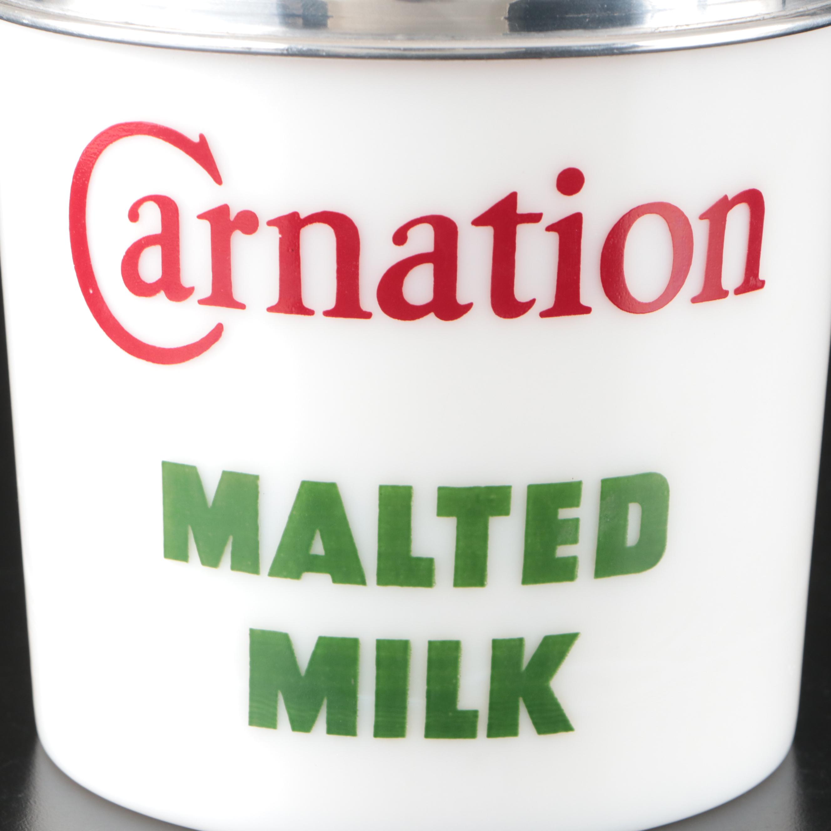 Carnation Malted Milk Glass Advertising Canister, Mid to Late 20th Century