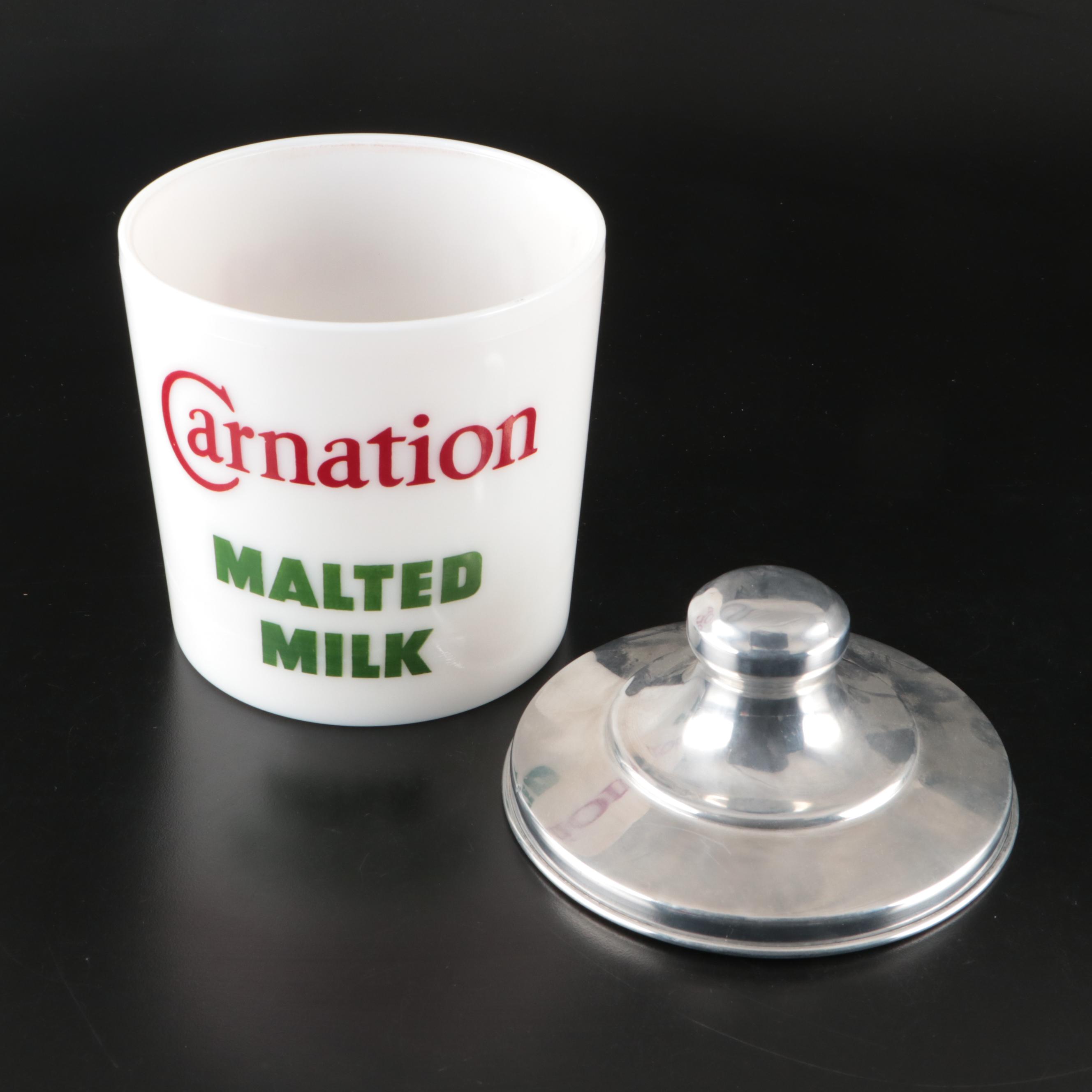 Carnation Malted Milk Glass Advertising Canister, Mid to Late 20th Century