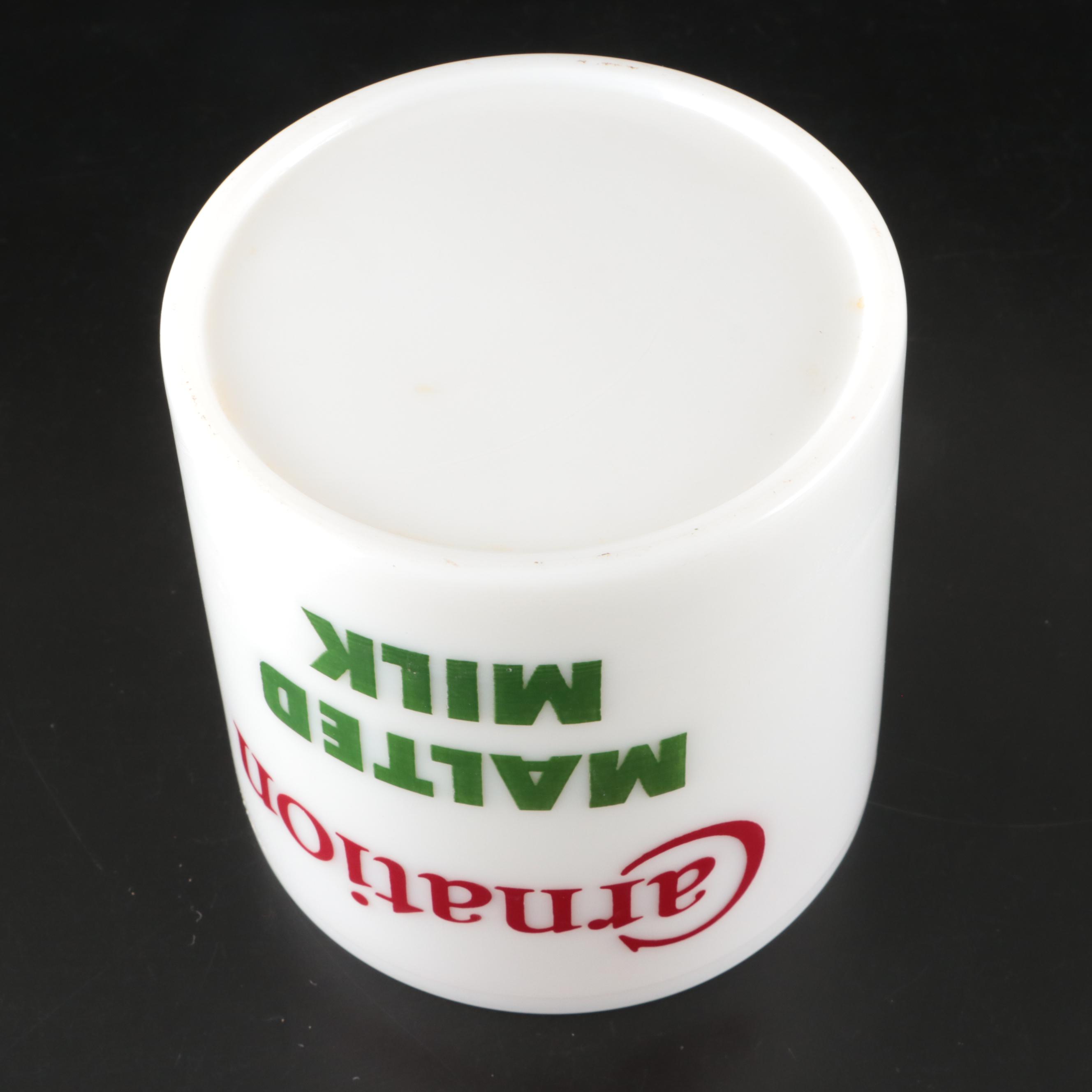 Carnation Malted Milk Glass Advertising Canister, Mid to Late 20th Century