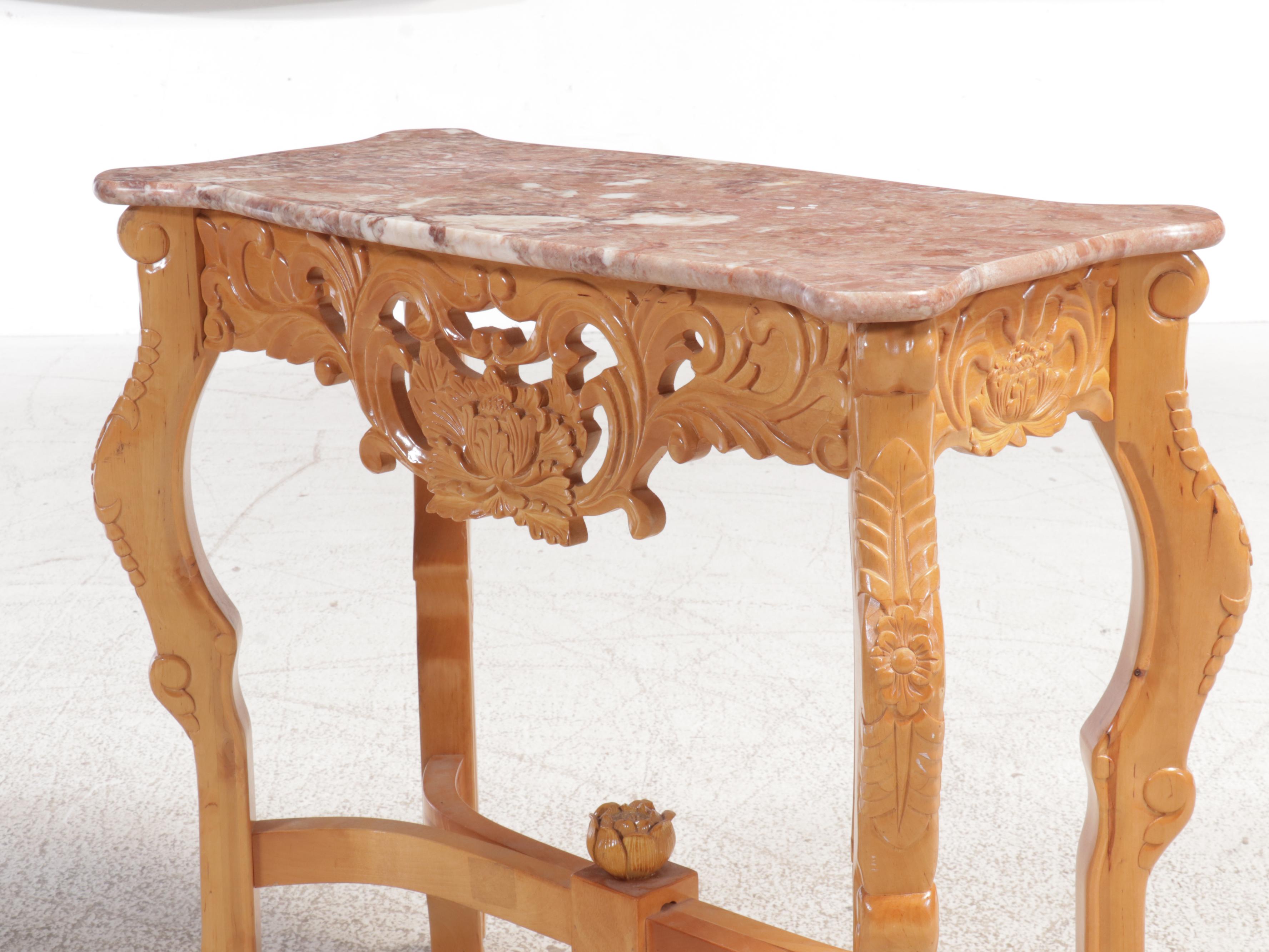 Victorian Style Pink Marble Top Carved Wood Console Table, 20th Century