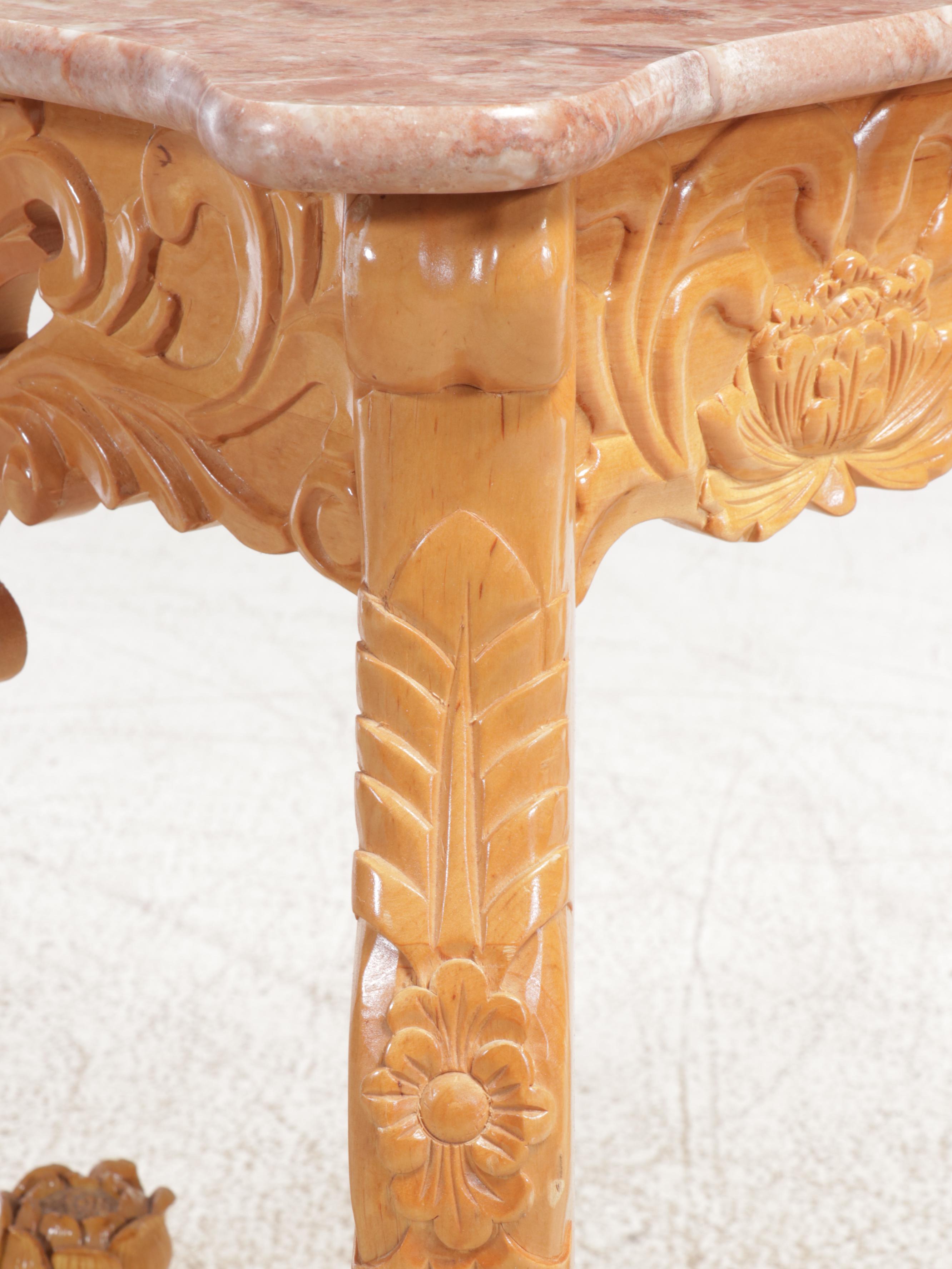 Victorian Style Pink Marble Top Carved Wood Console Table, 20th Century