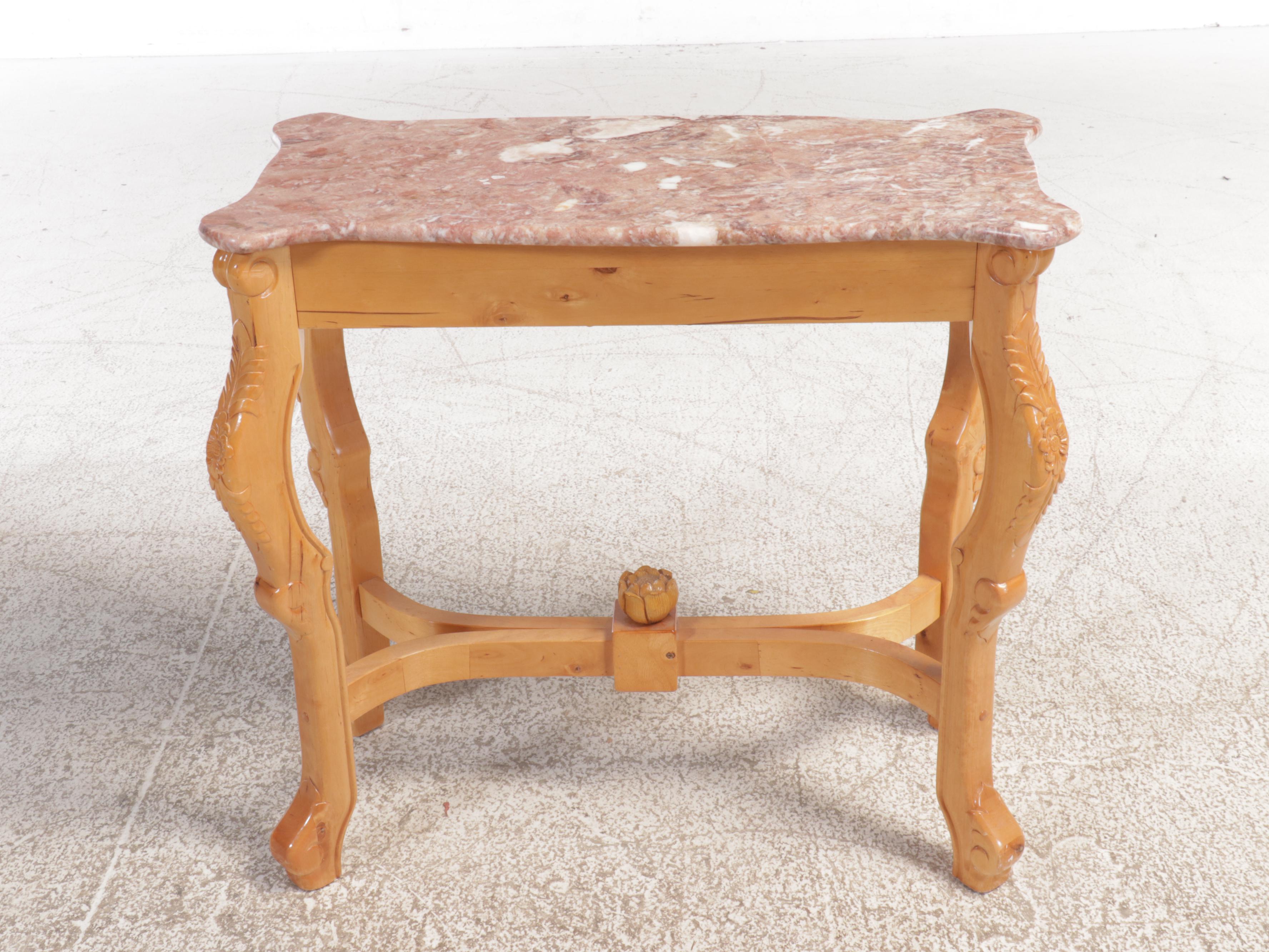 Victorian Style Pink Marble Top Carved Wood Console Table, 20th Century