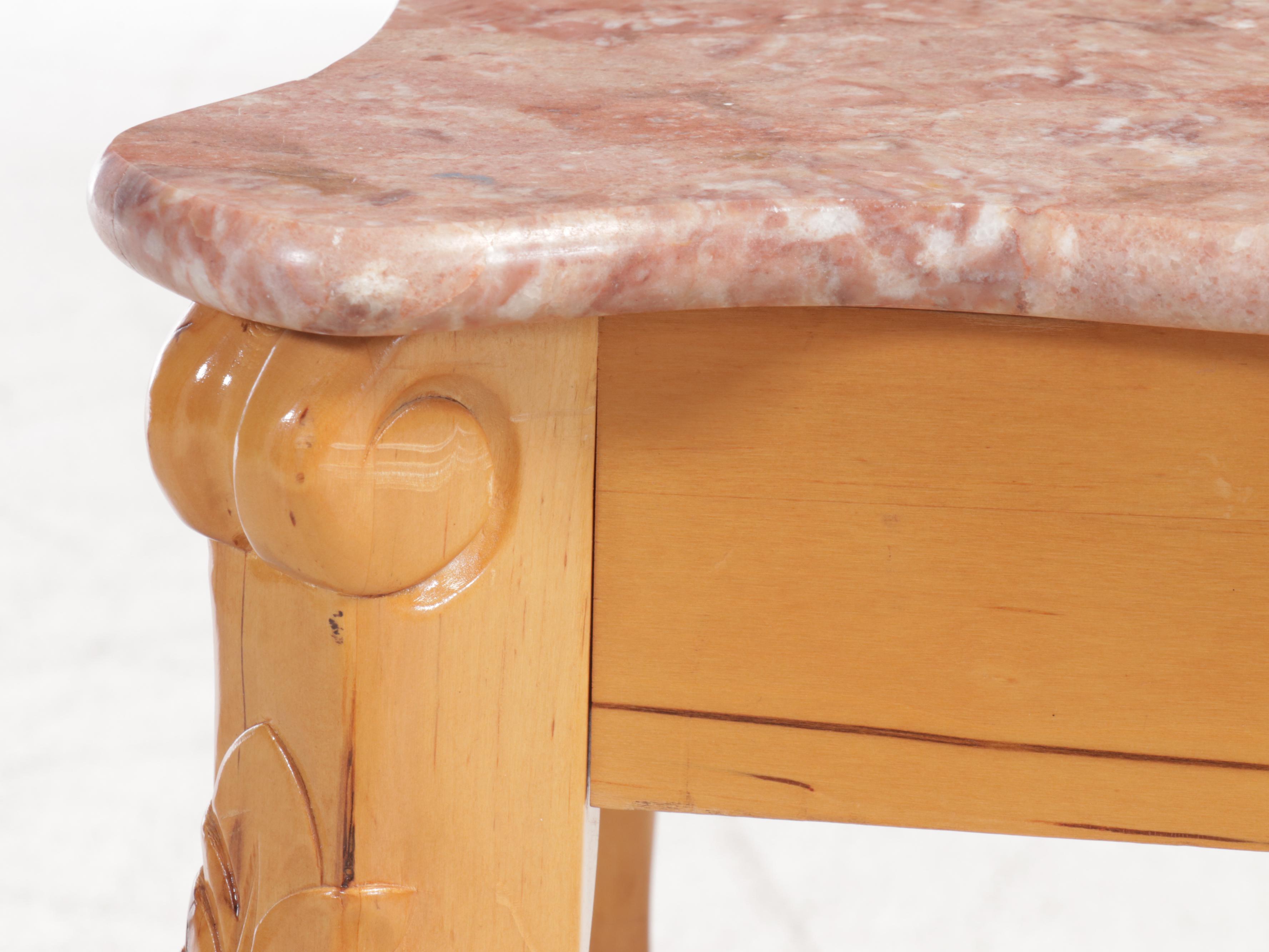 Victorian Style Pink Marble Top Carved Wood Console Table, 20th Century