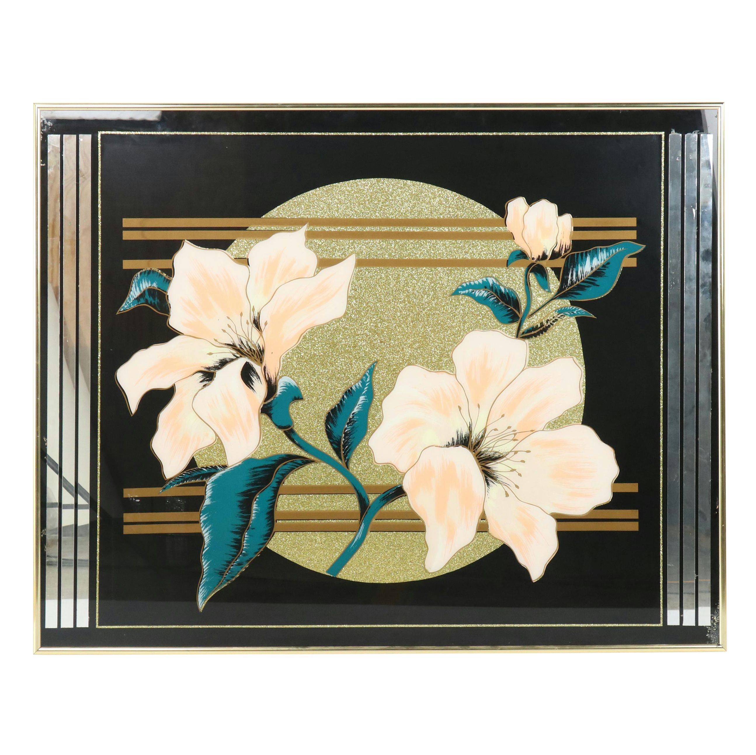 Deco Revival Reverse Glass Print of Flowers and Geometric Motifs