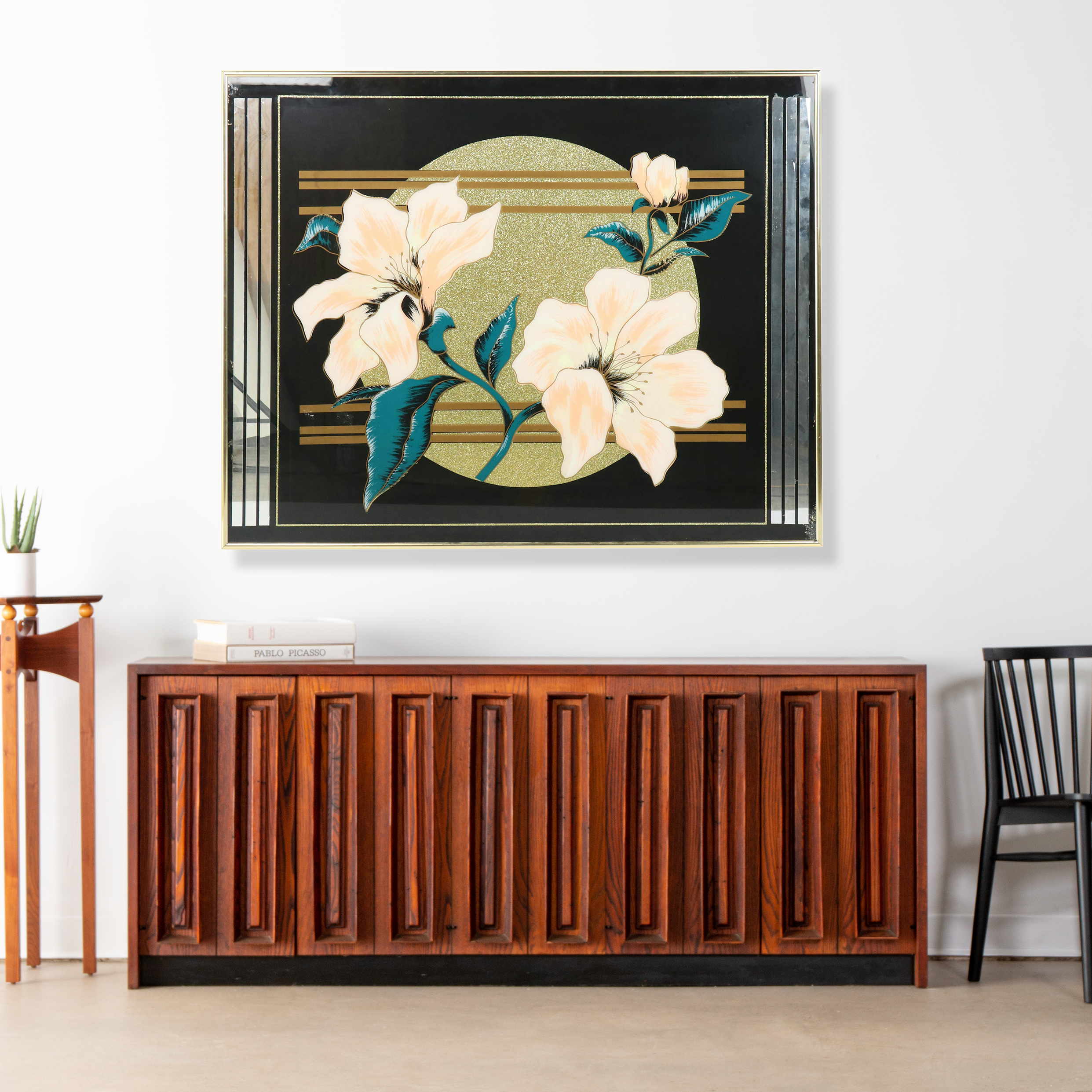 Deco Revival Reverse Glass Print of Flowers and Geometric Motifs