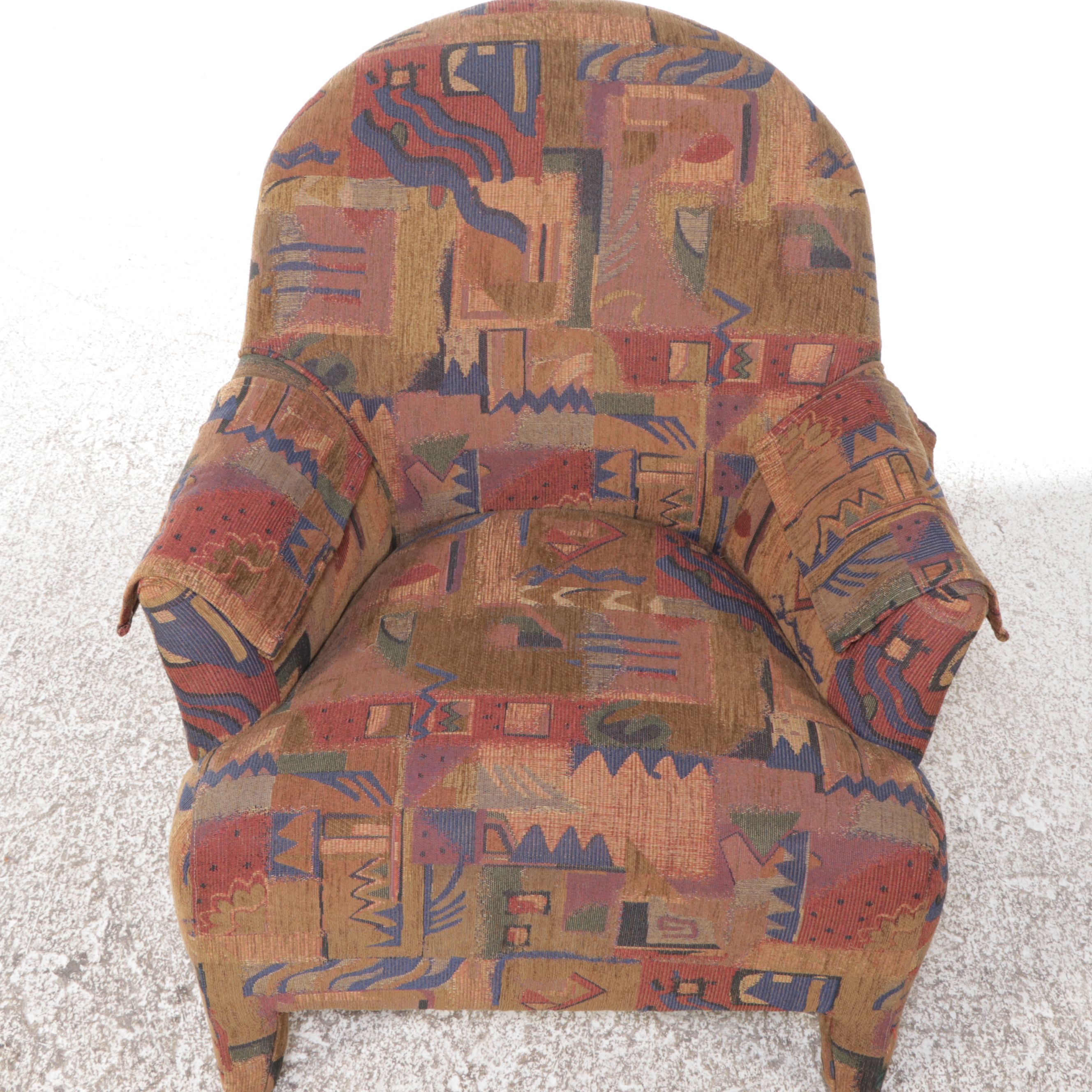 Postmodernist Fabric Upholstered Armchair with Chippendale Style Footstool