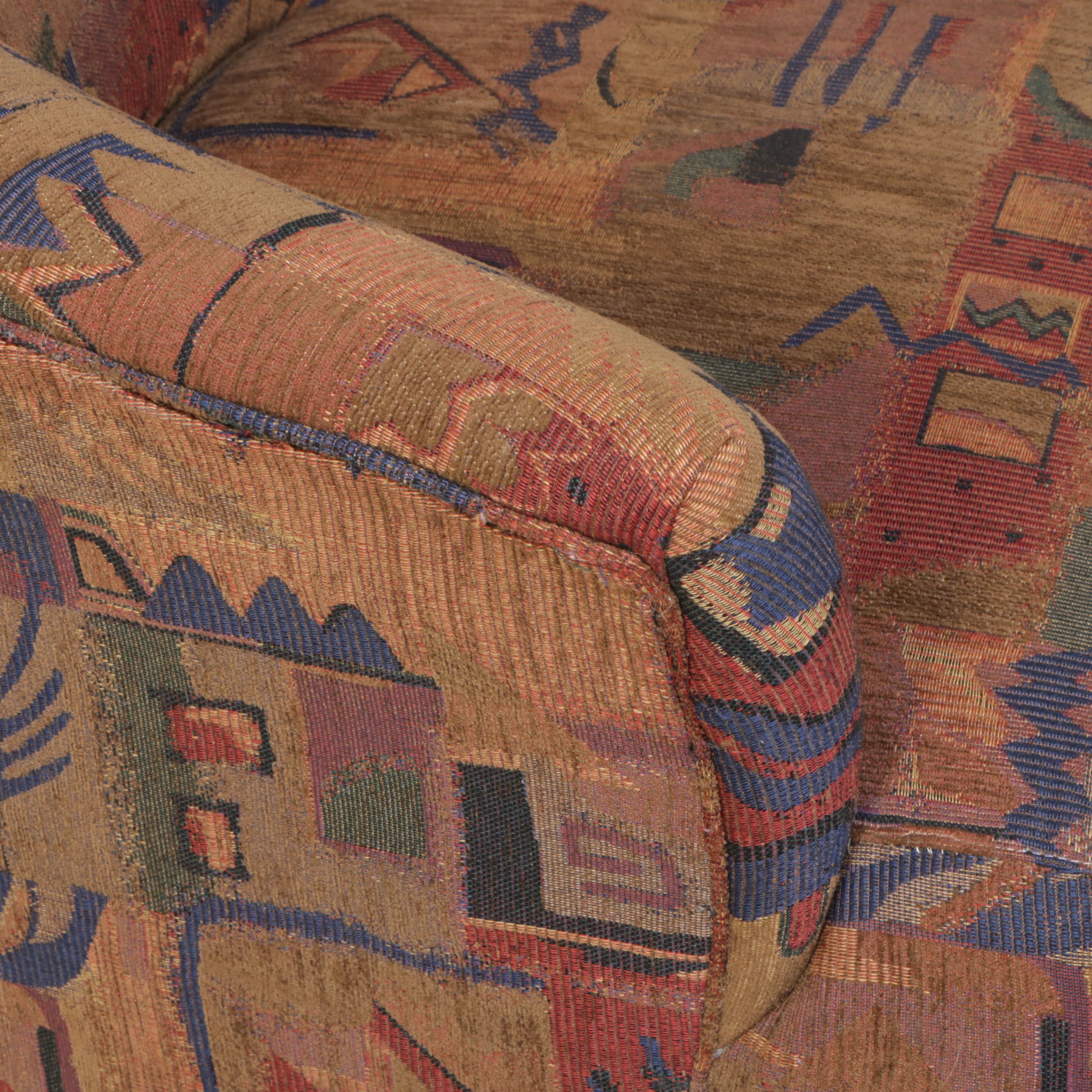 Postmodernist Fabric Upholstered Armchair with Chippendale Style Footstool