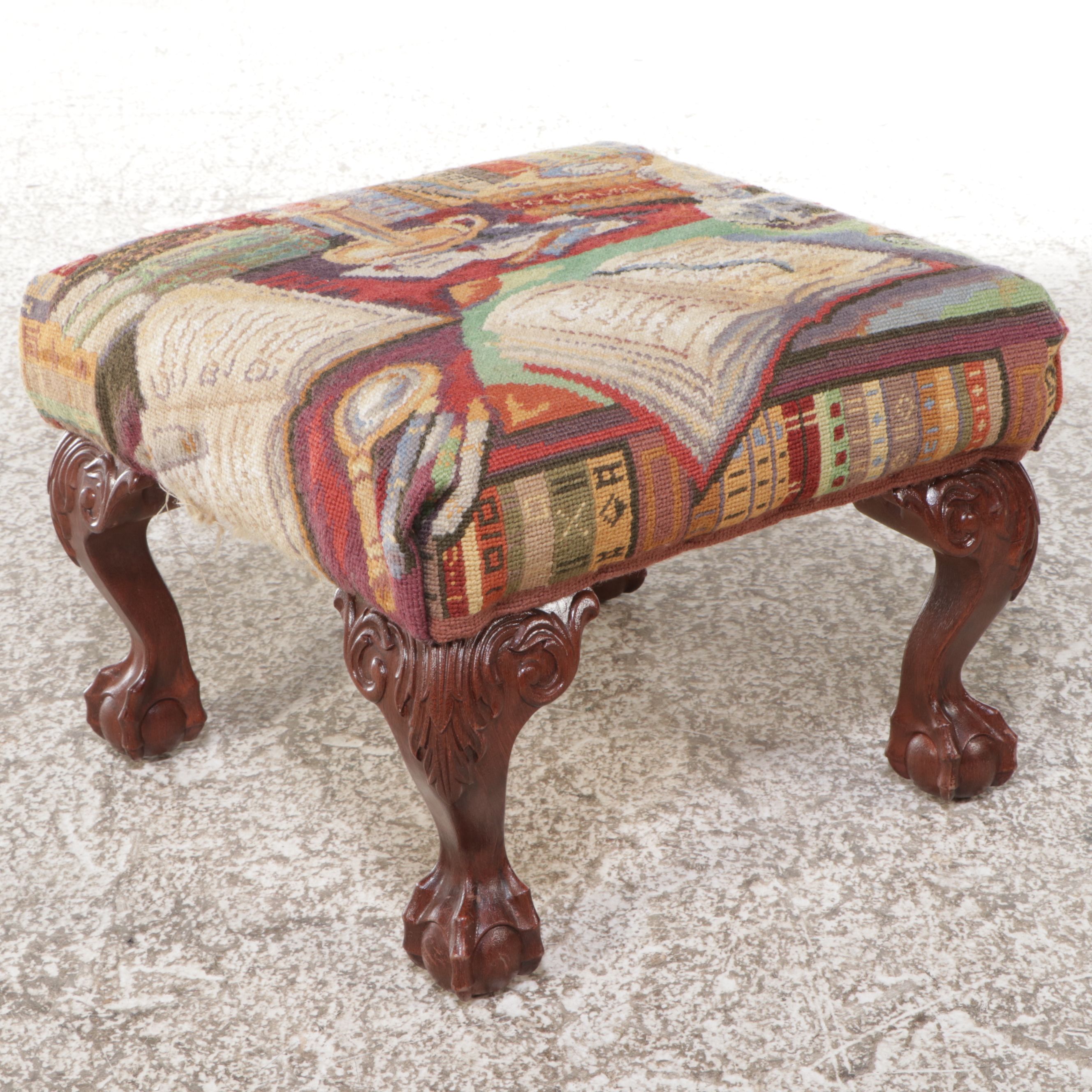 Postmodernist Fabric Upholstered Armchair with Chippendale Style Footstool