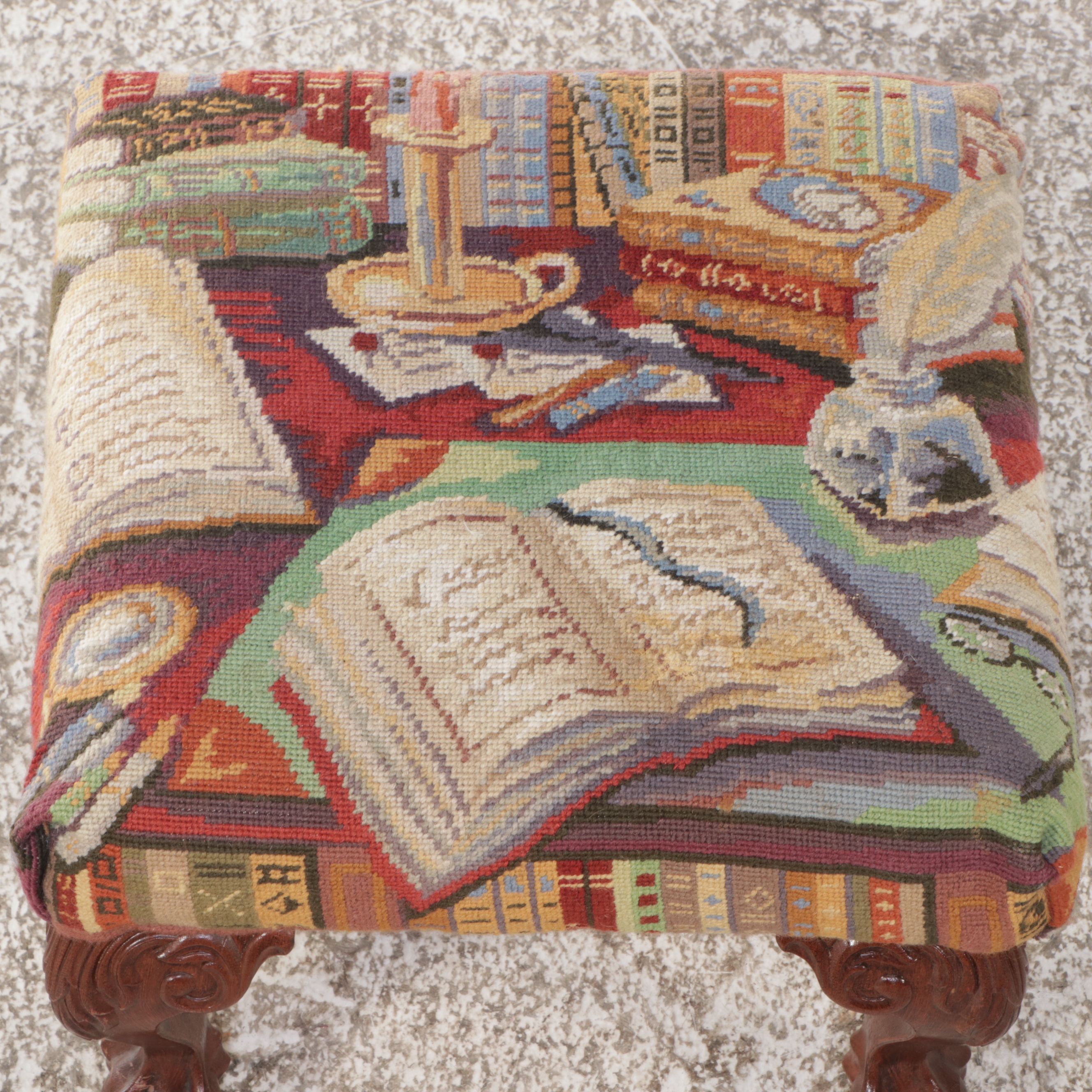 Postmodernist Fabric Upholstered Armchair with Chippendale Style Footstool