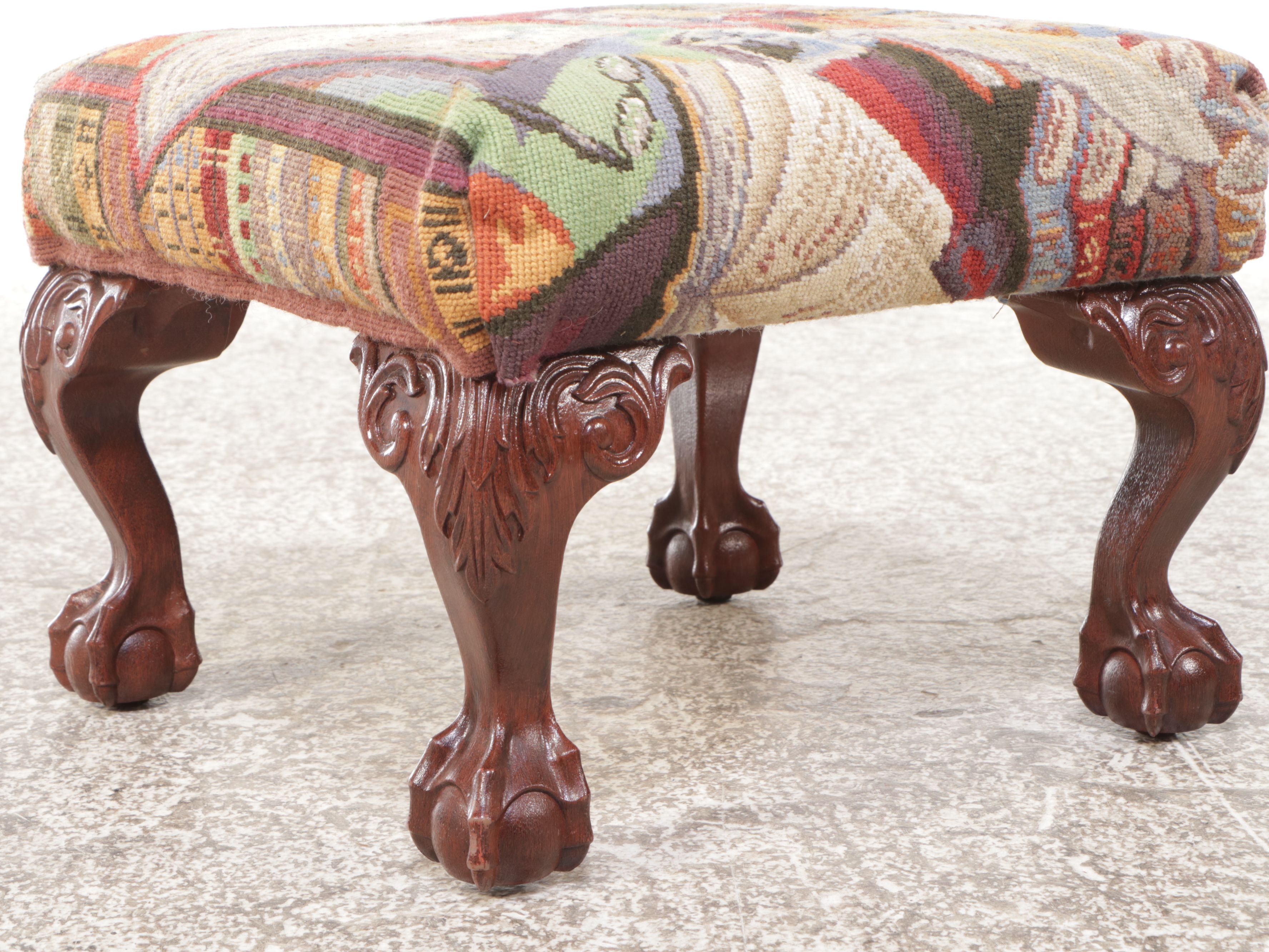 Postmodernist Fabric Upholstered Armchair with Chippendale Style Footstool