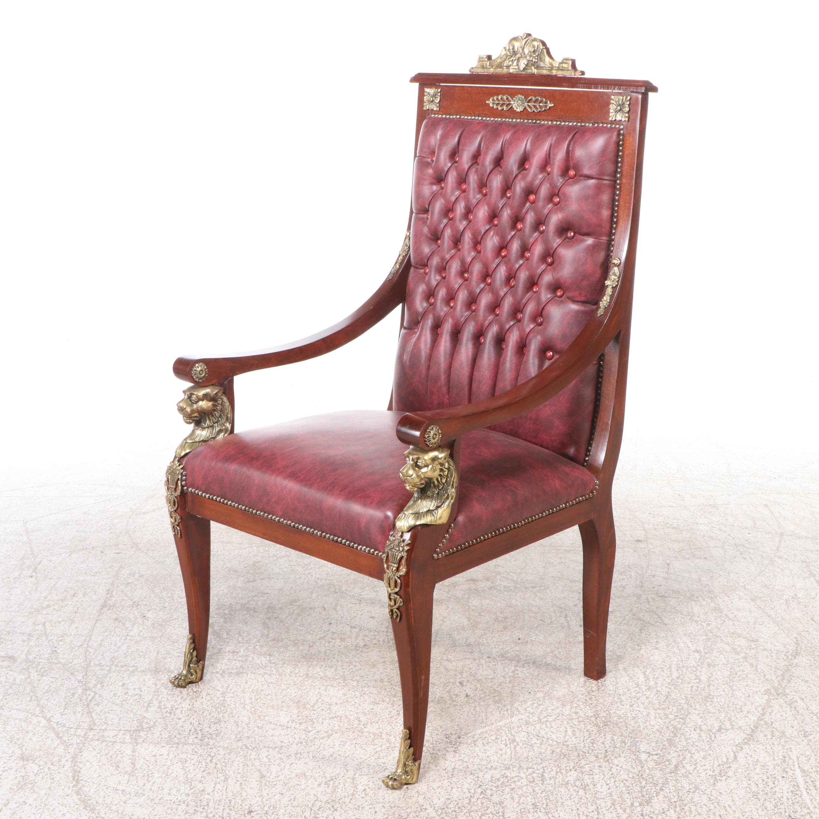 Empire Style Brass Mount Button-Tufted Faux Leather and Wood Armchair