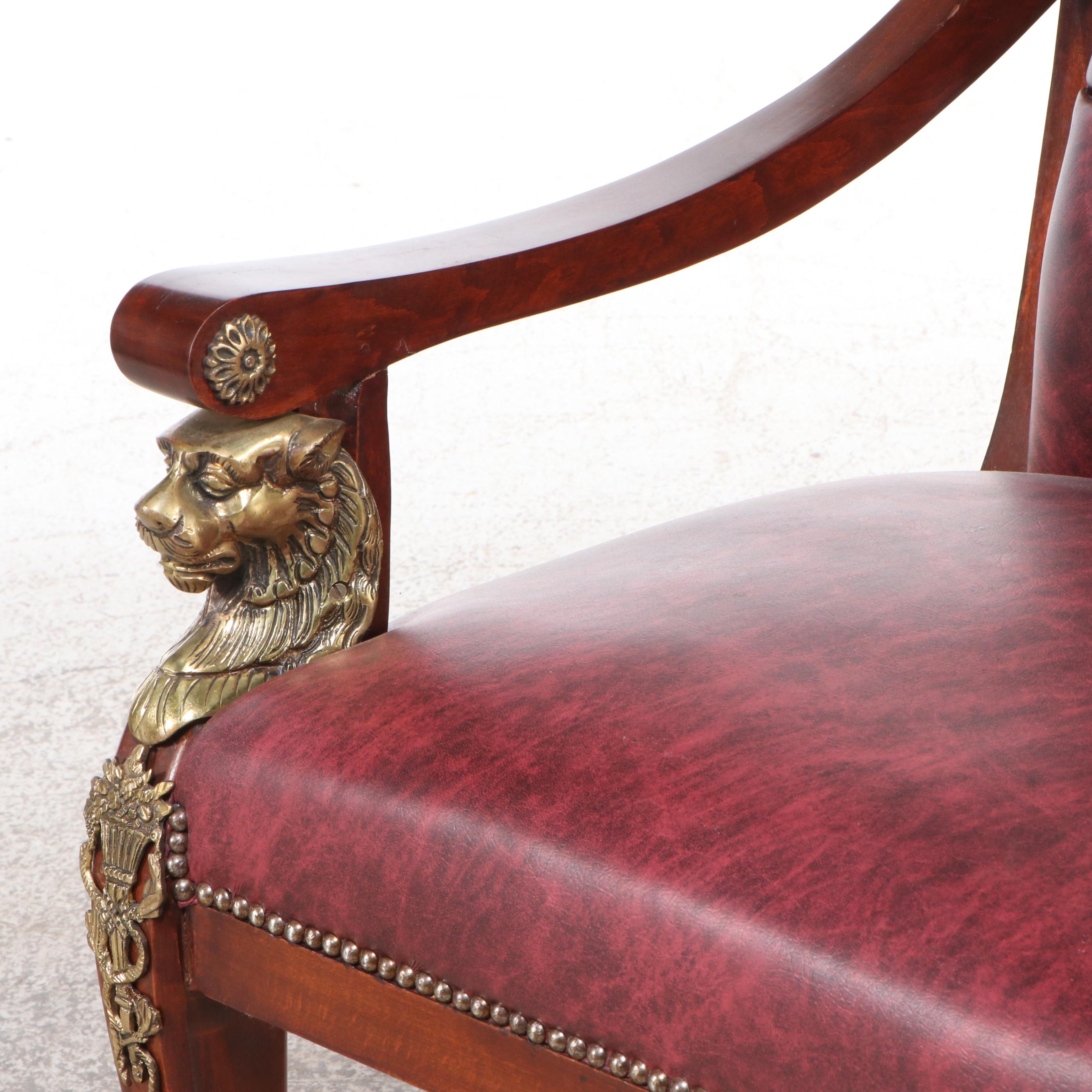 Empire Style Brass Mount Button-Tufted Faux Leather and Wood Armchair