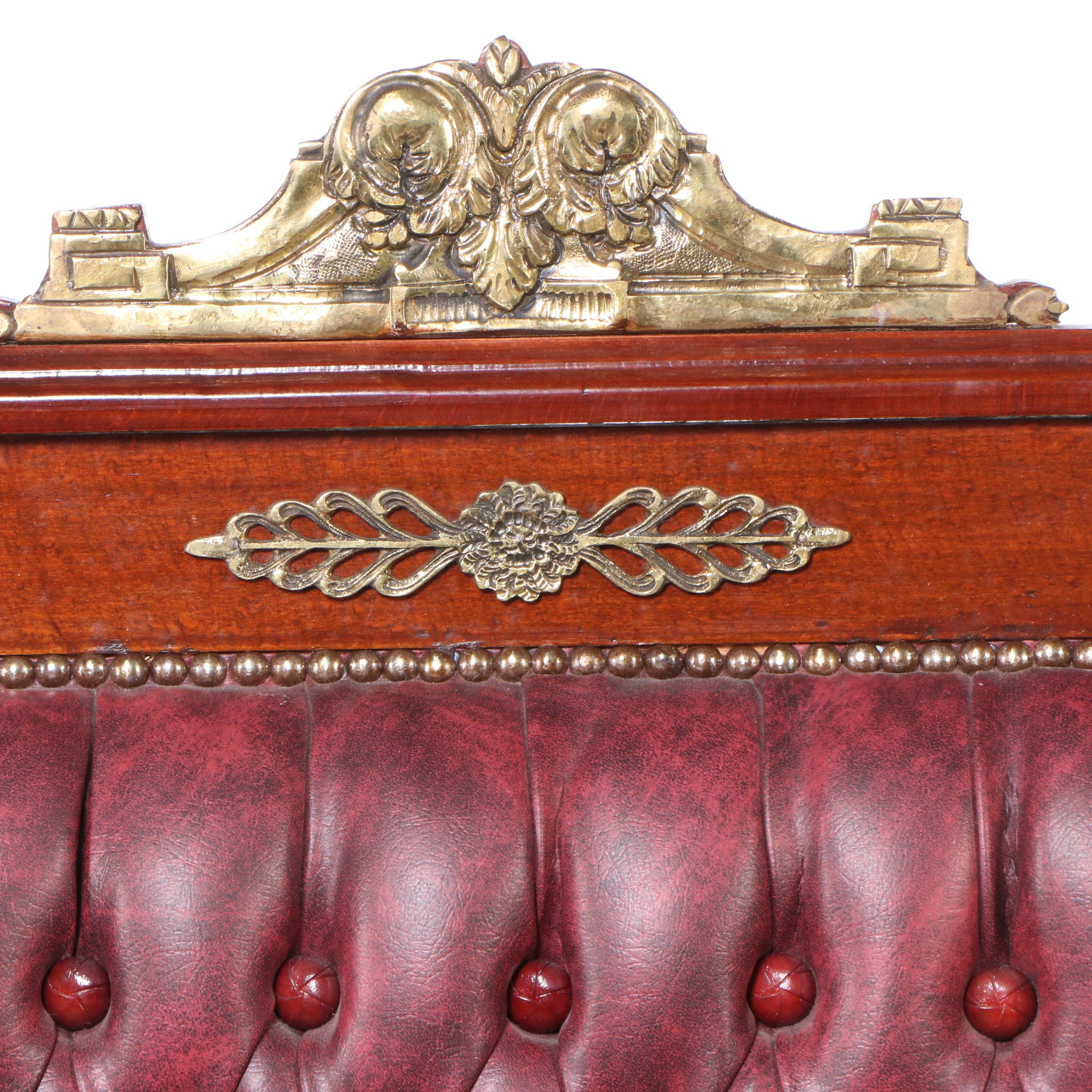 Empire Style Brass Mount Button-Tufted Faux Leather and Wood Armchair