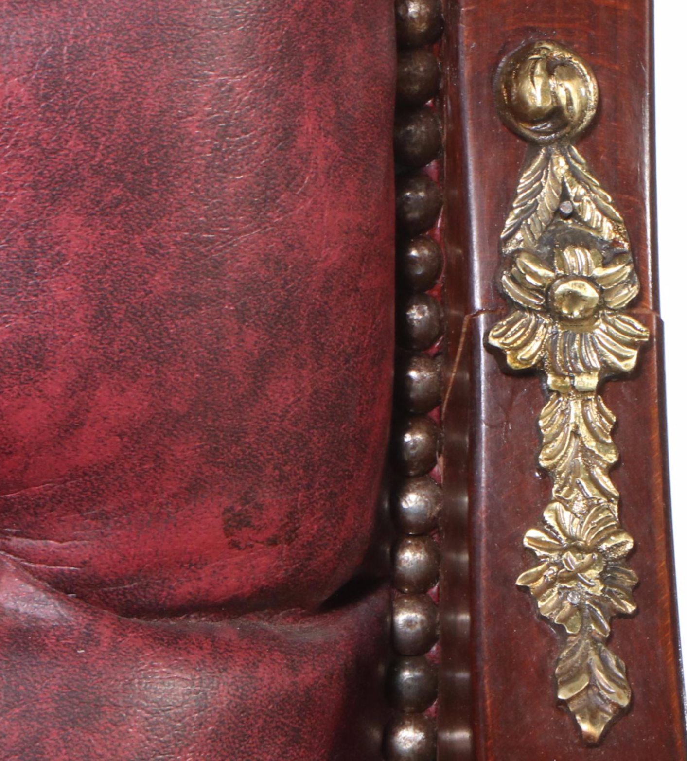 Empire Style Brass Mount Button-Tufted Faux Leather and Wood Armchair