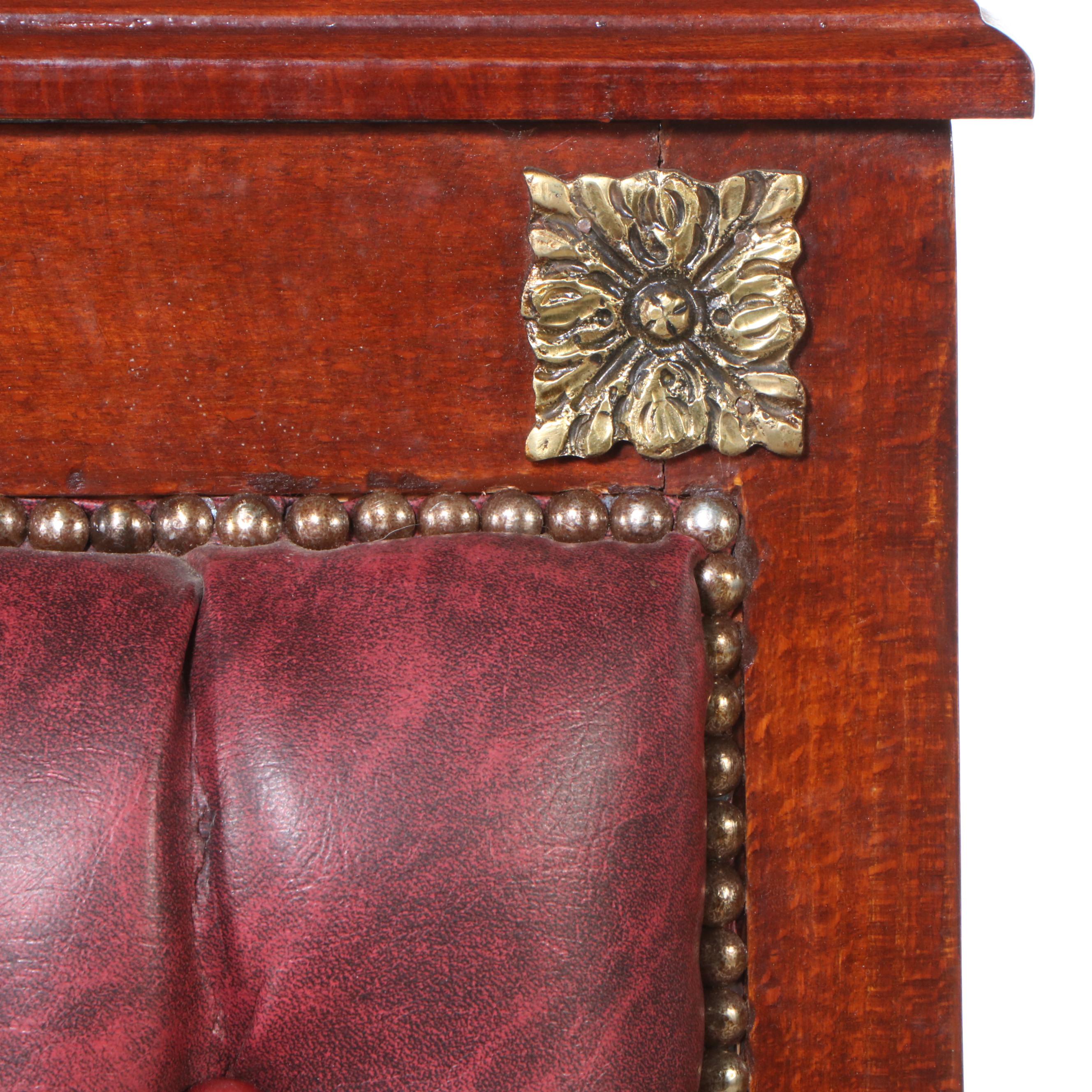 Empire Style Brass Mount Button-Tufted Faux Leather and Wood Armchair