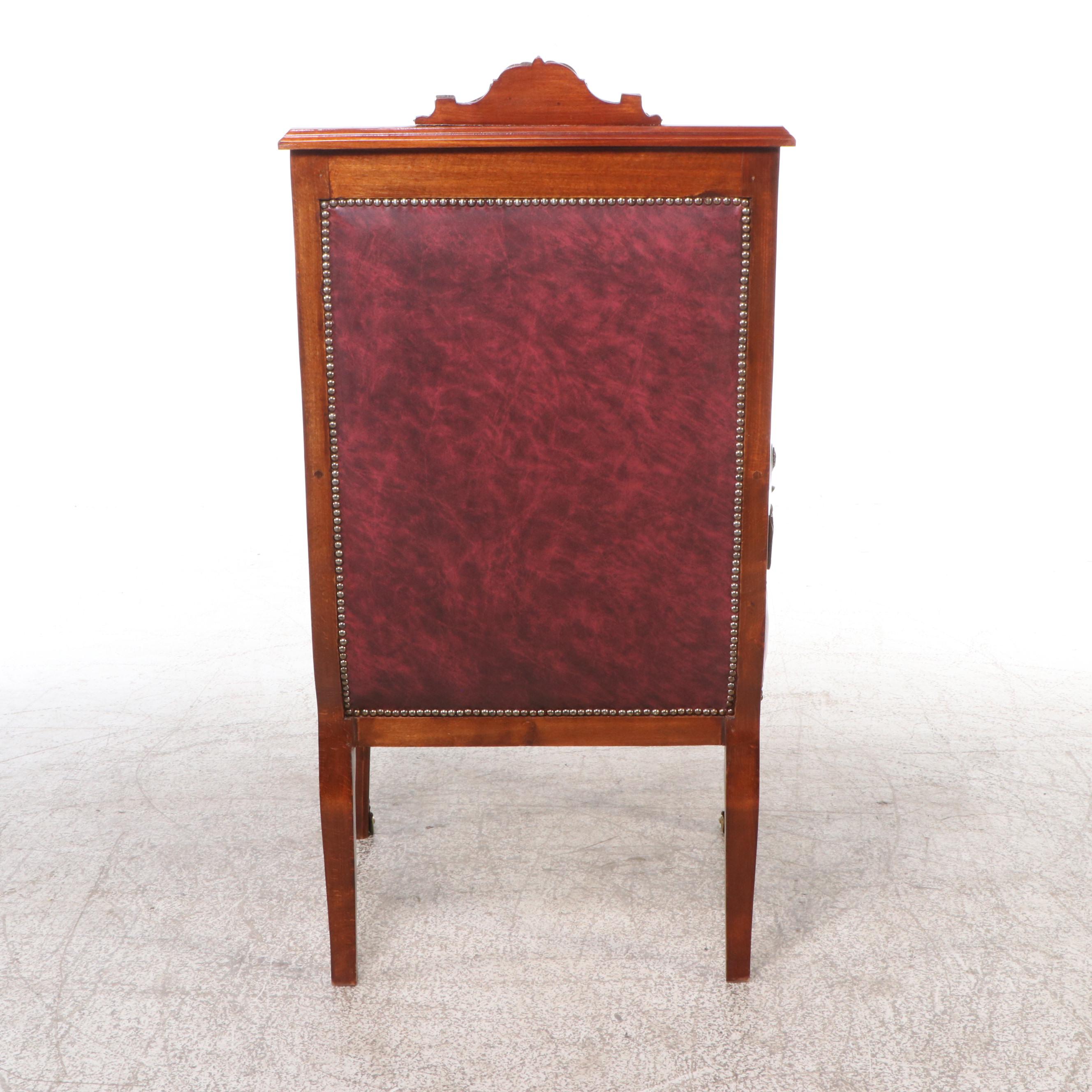 Empire Style Brass Mount Button-Tufted Faux Leather and Wood Armchair