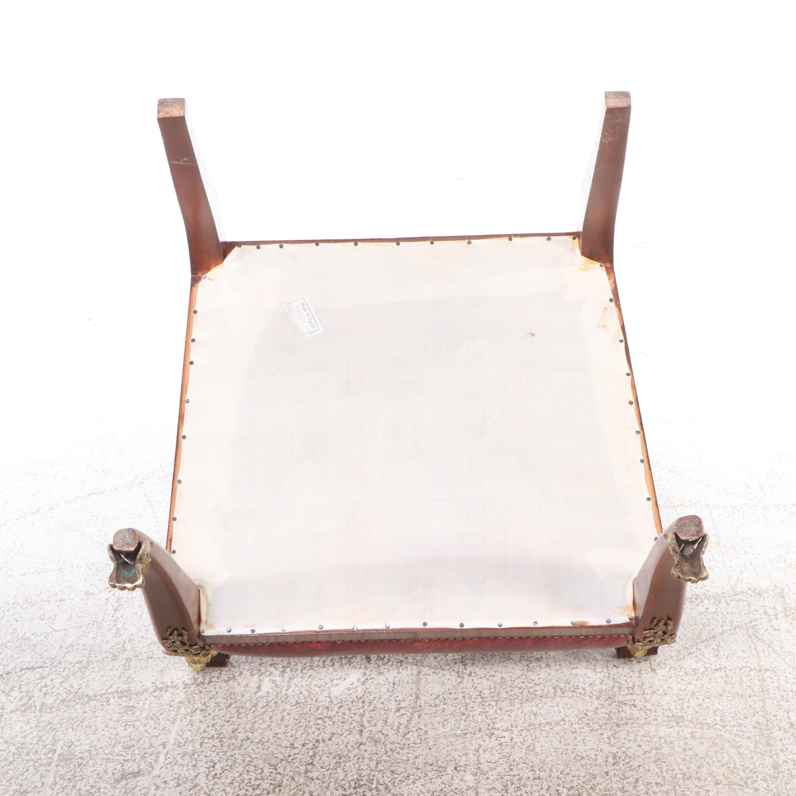 Empire Style Brass Mount Button-Tufted Faux Leather and Wood Armchair