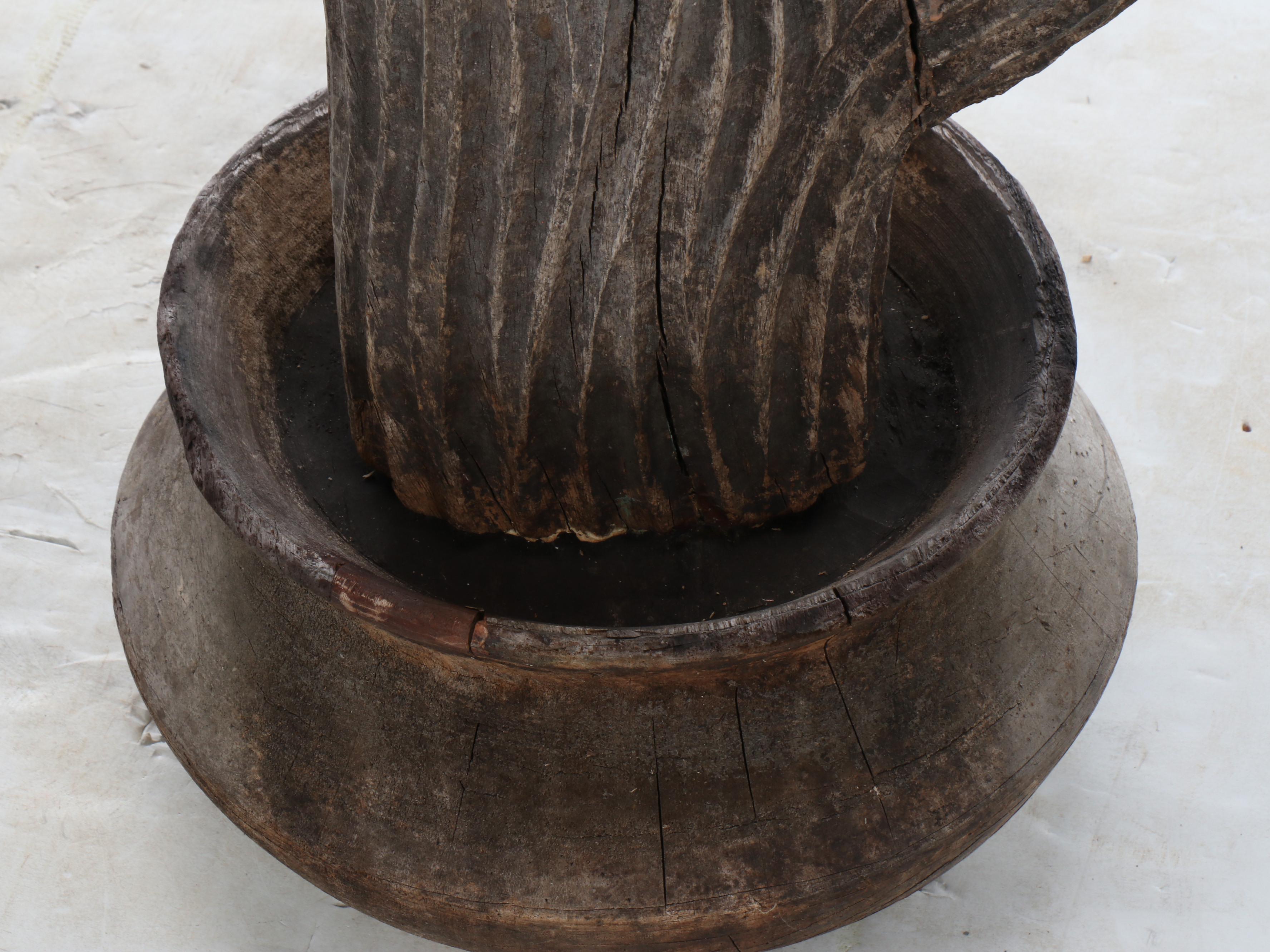 Hand-Carved Wooden Cactus with Tessellated Wood Pot