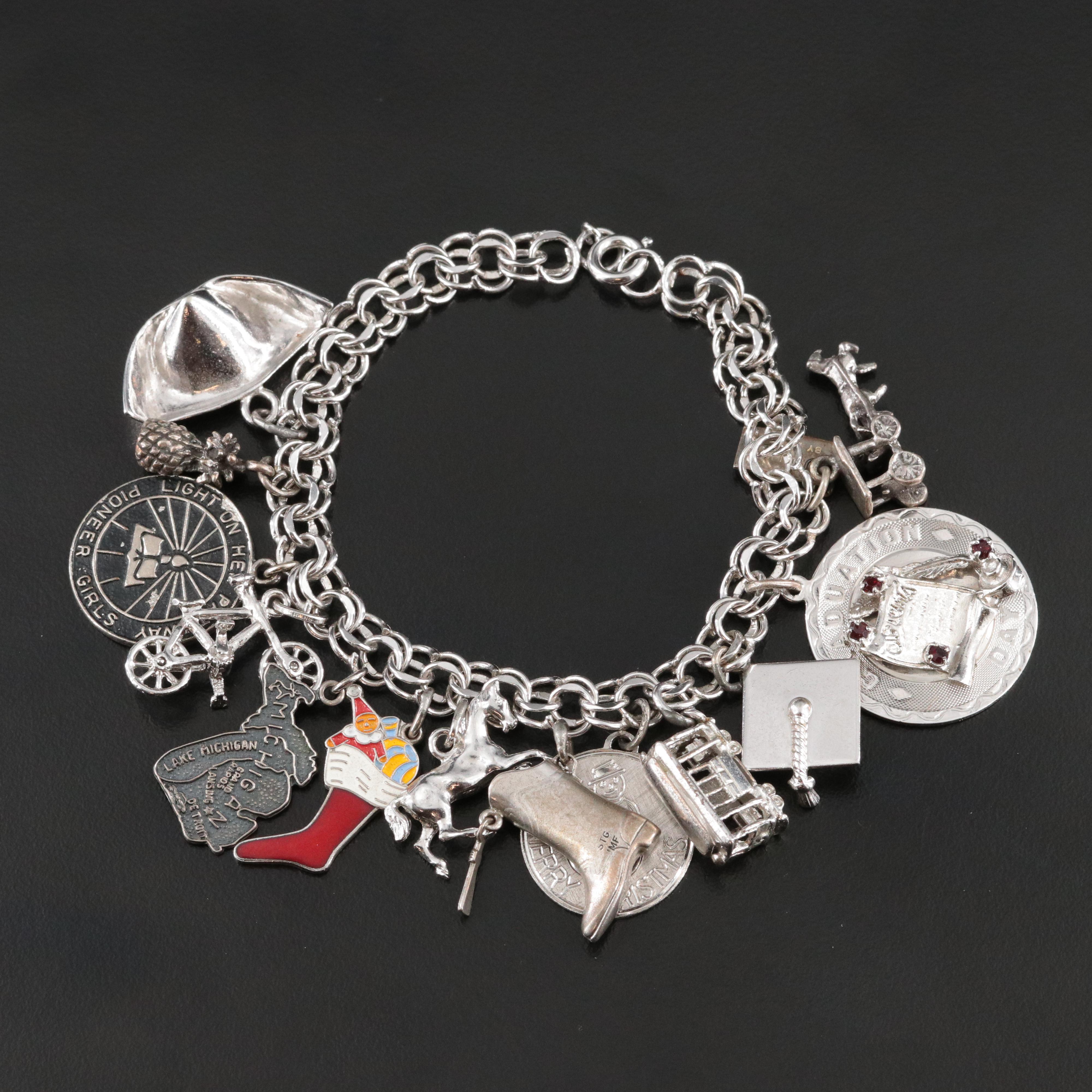 Vintage Sterling, Rhinestone and Enamel Charm Bracelet Featuring Danecraft