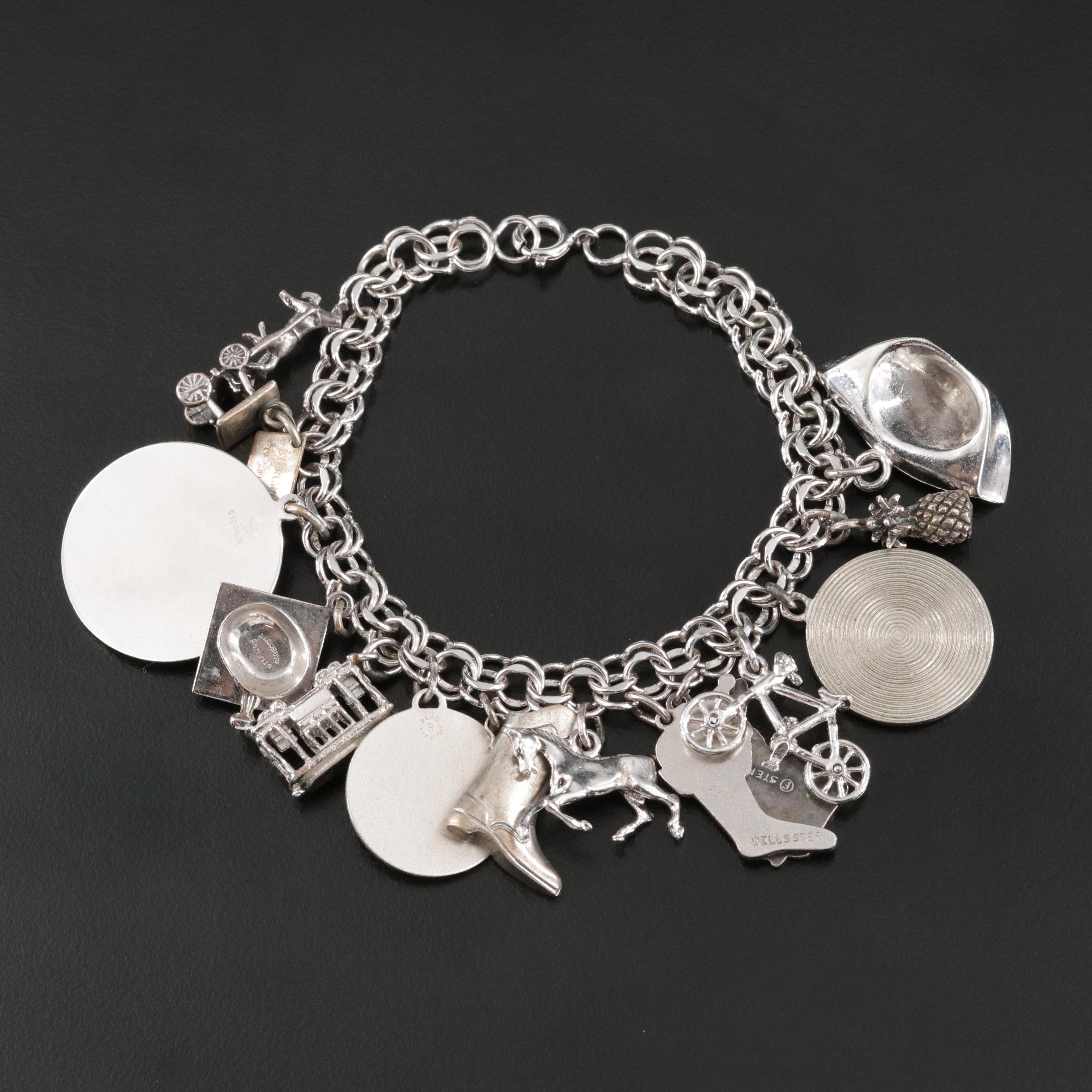 Vintage Sterling, Rhinestone and Enamel Charm Bracelet Featuring Danecraft