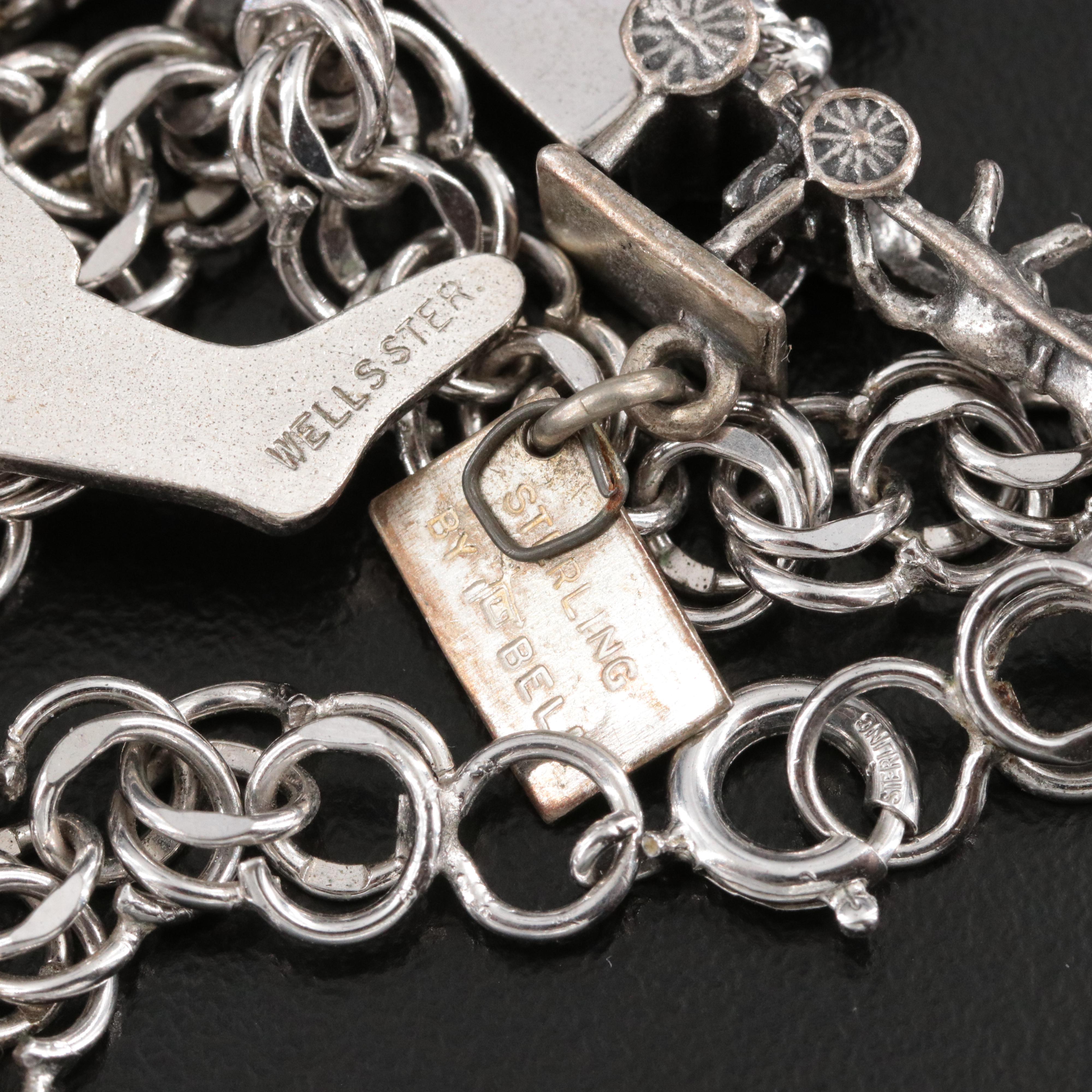 Vintage Sterling, Rhinestone and Enamel Charm Bracelet Featuring Danecraft