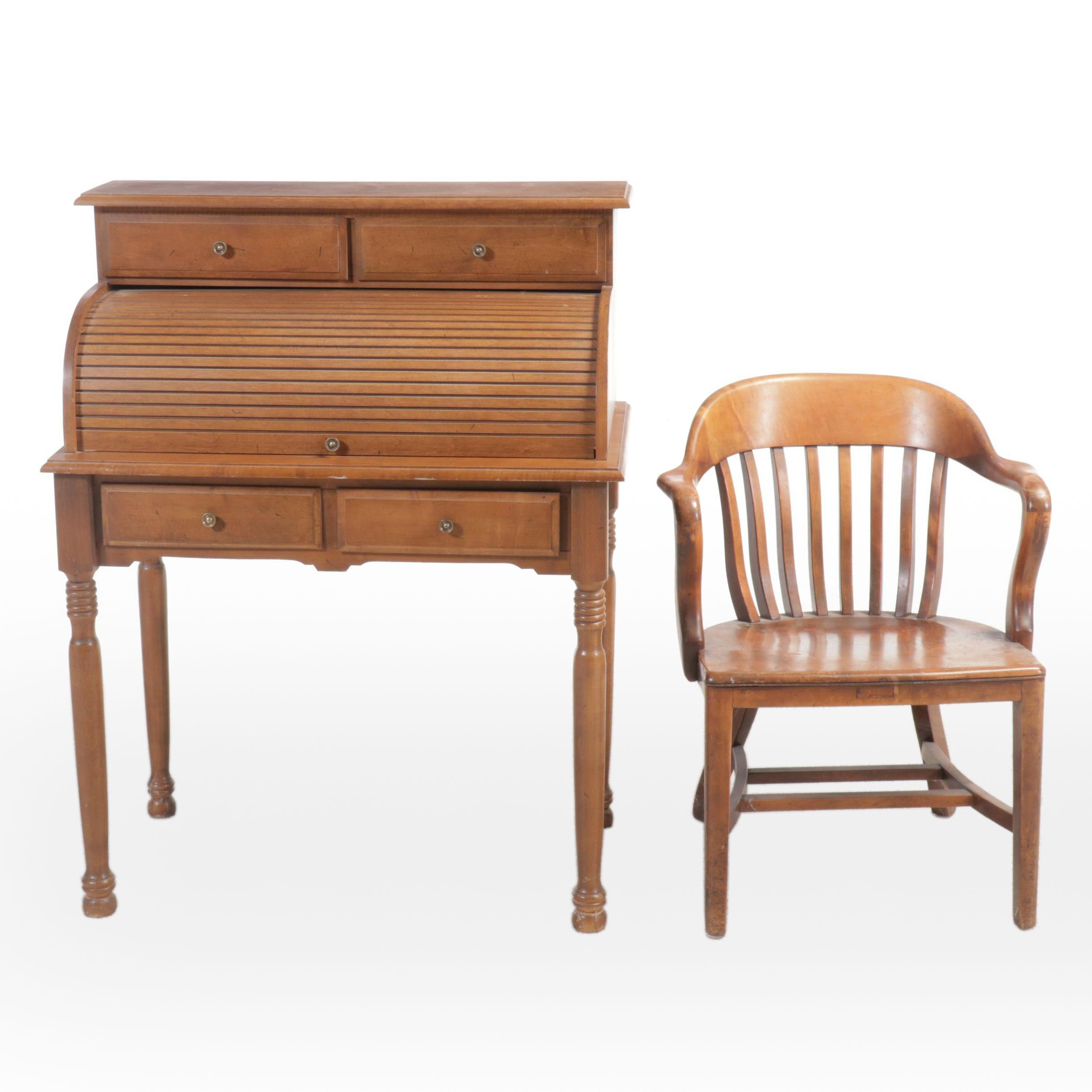 Colonial Style Maple Roll-Top Desk with Kroger Co. Wood Armchair, 20th Century