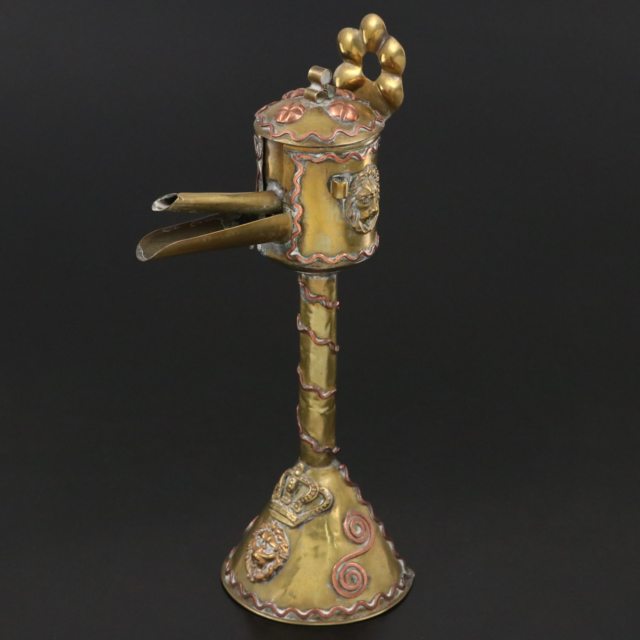 Dutch or Flemish Whale Oil Lamp Brass Lion Heads & Copper Decorations