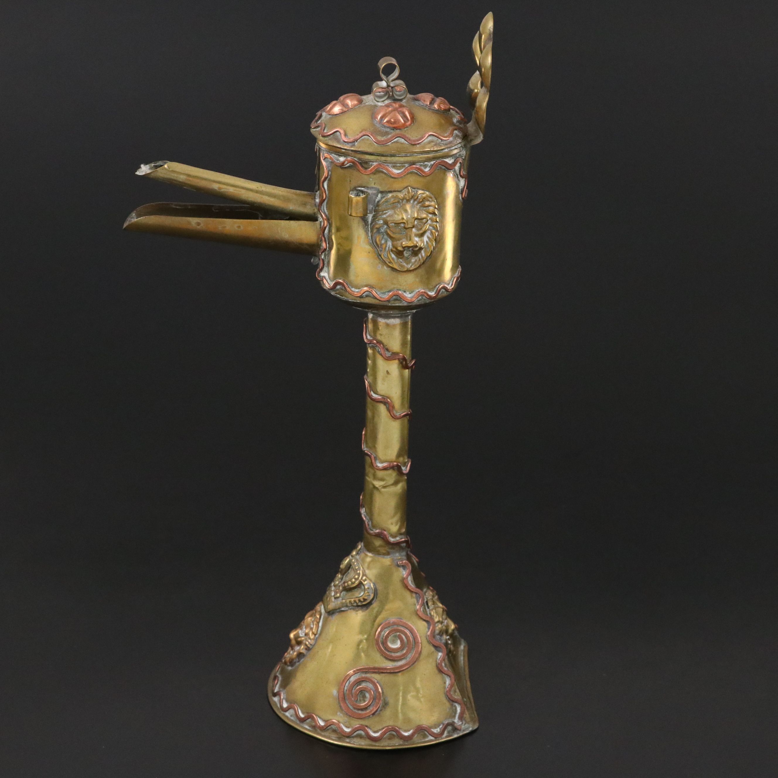 Dutch or Flemish Whale Oil Lamp Brass Lion Heads & Copper Decorations