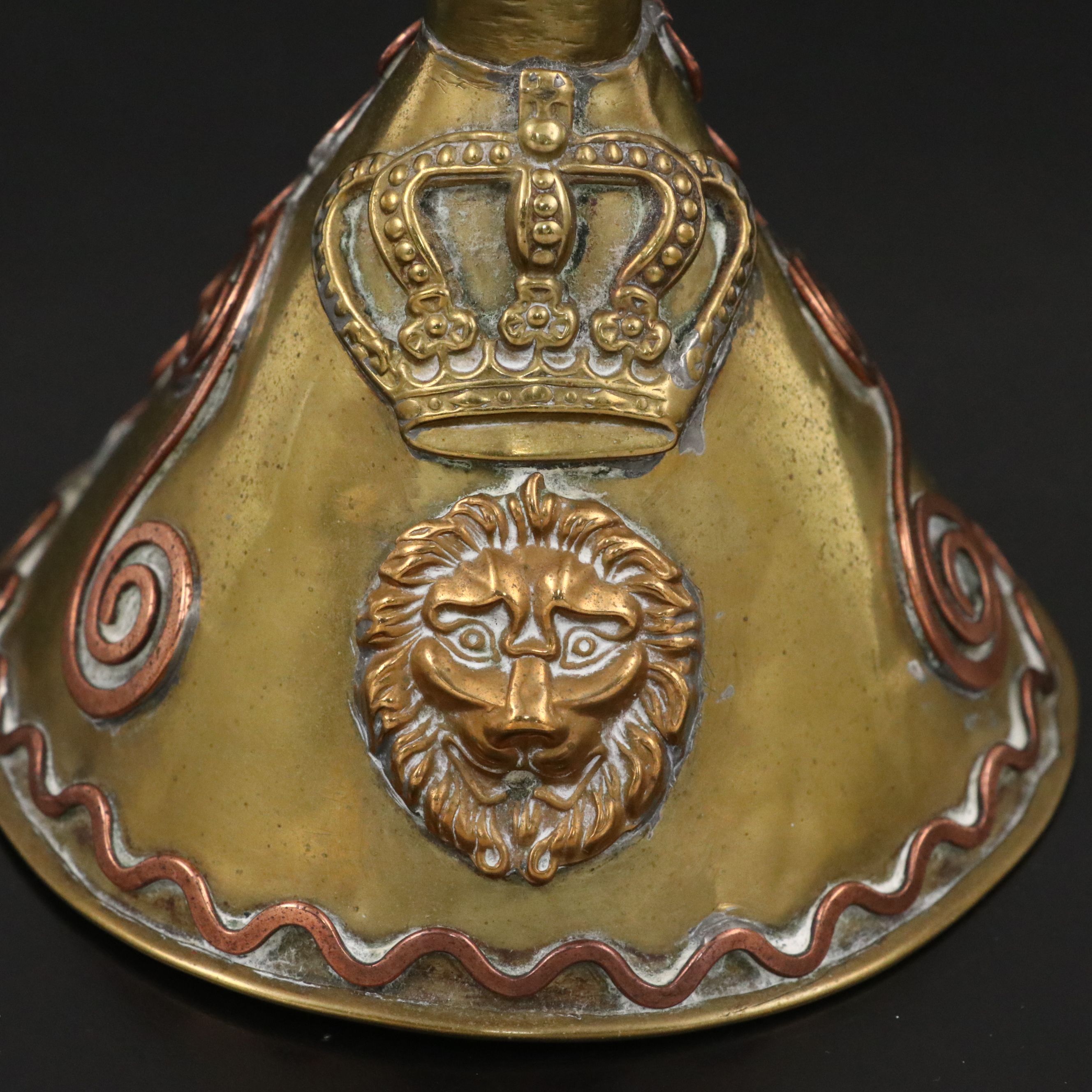 Dutch or Flemish Whale Oil Lamp Brass Lion Heads & Copper Decorations