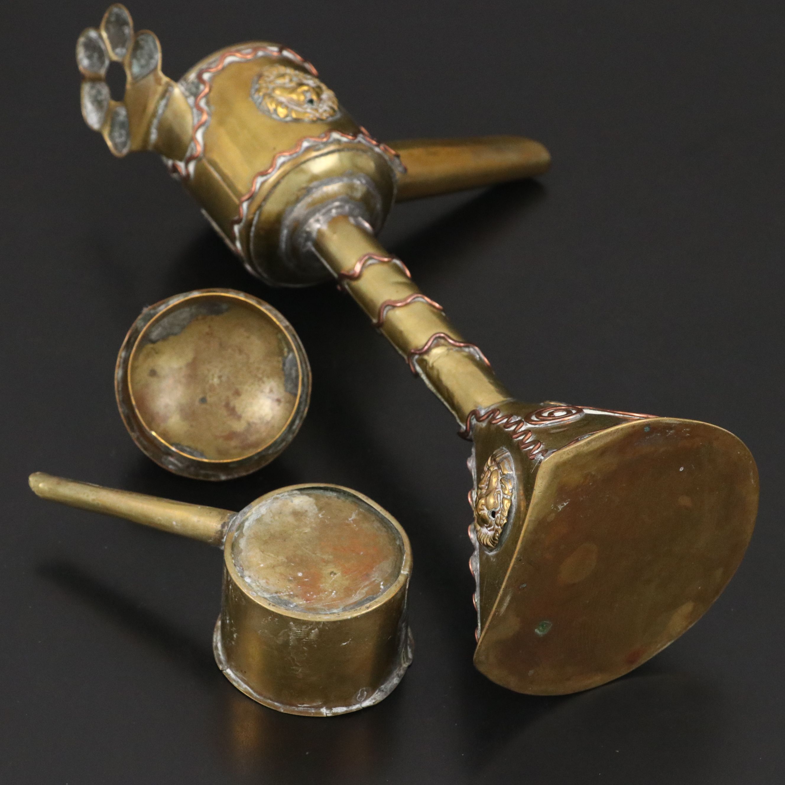 Dutch or Flemish Whale Oil Lamp Brass Lion Heads & Copper Decorations