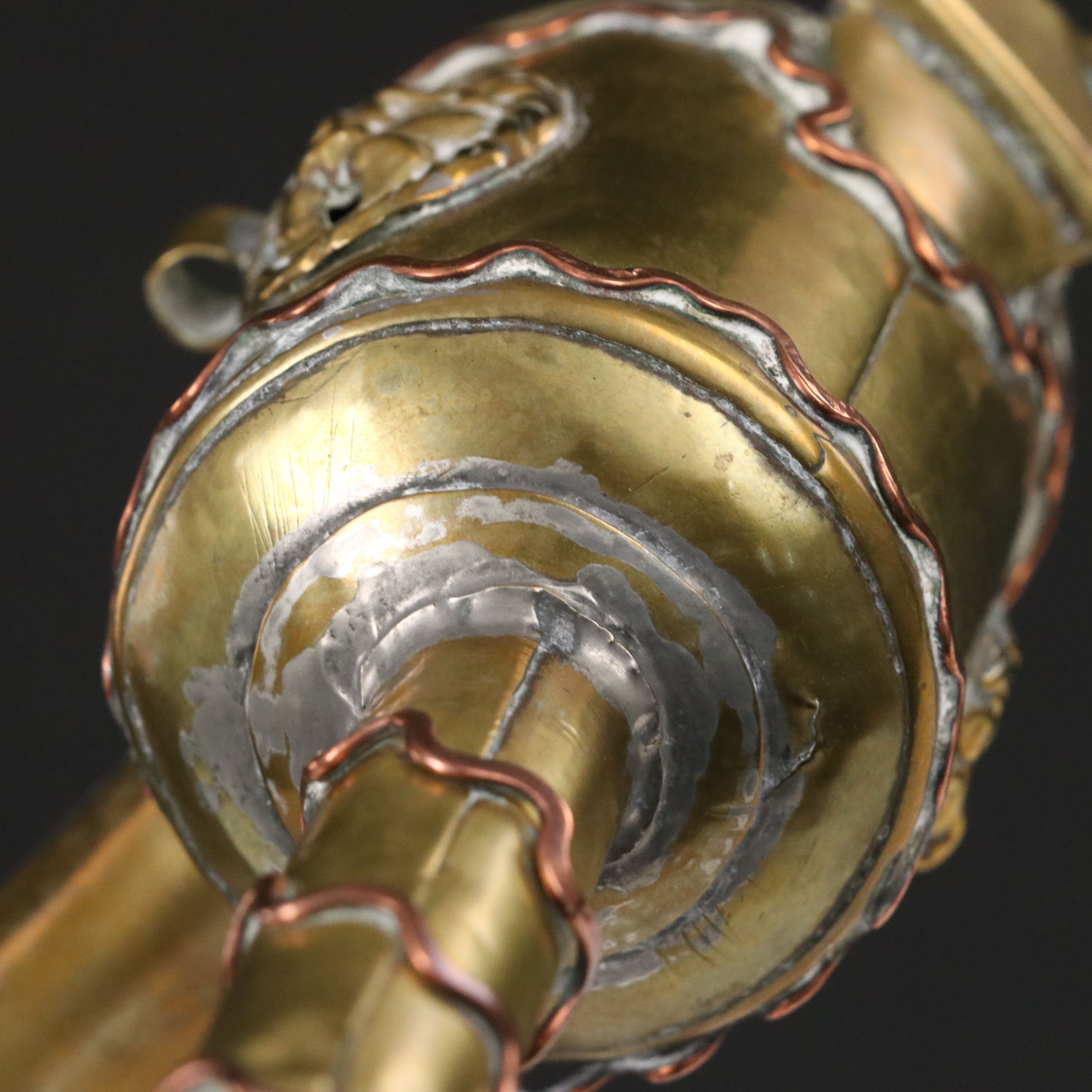 Dutch or Flemish Whale Oil Lamp Brass Lion Heads & Copper Decorations