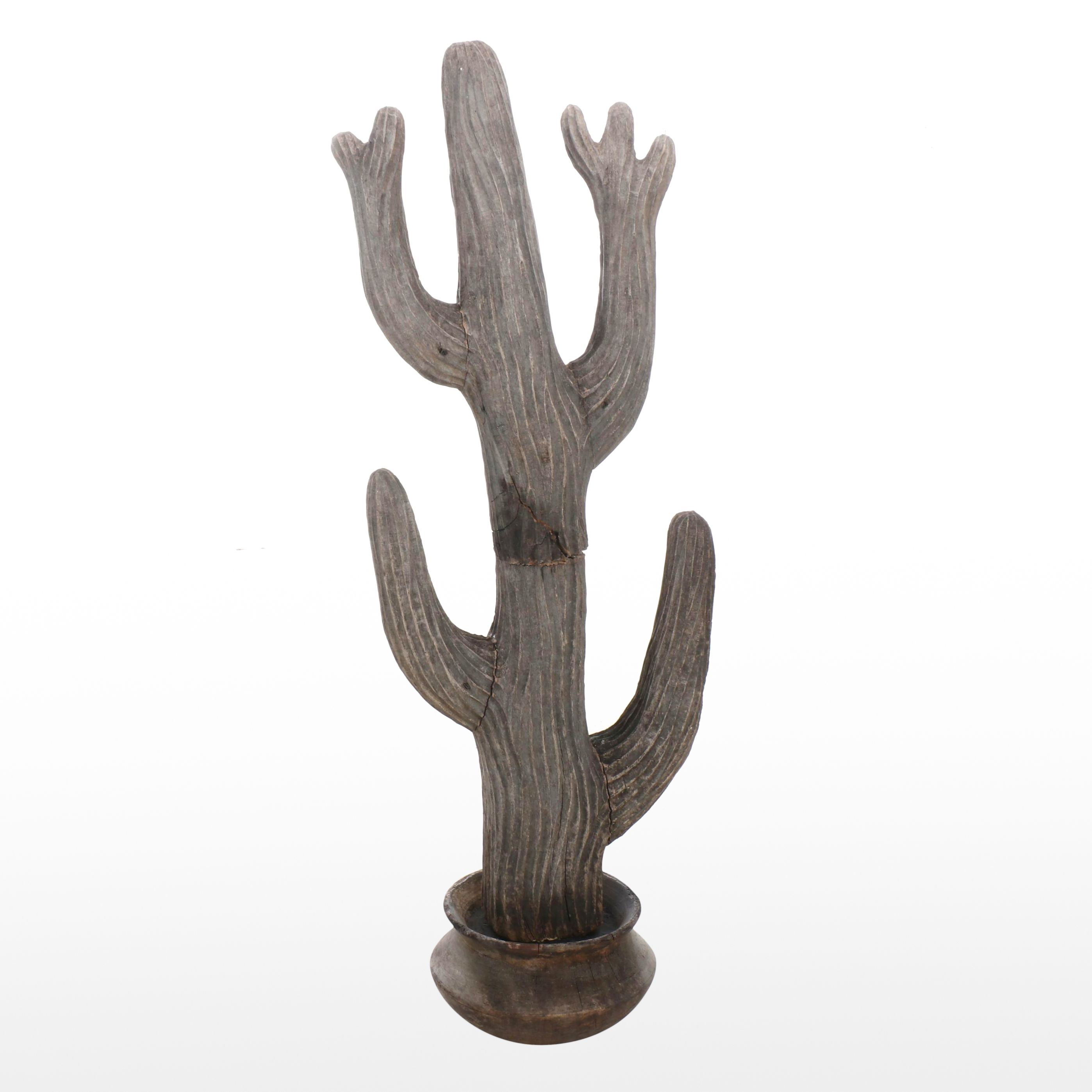 Hand-Carved Wooden Cactus with Tessellated Wood Pot