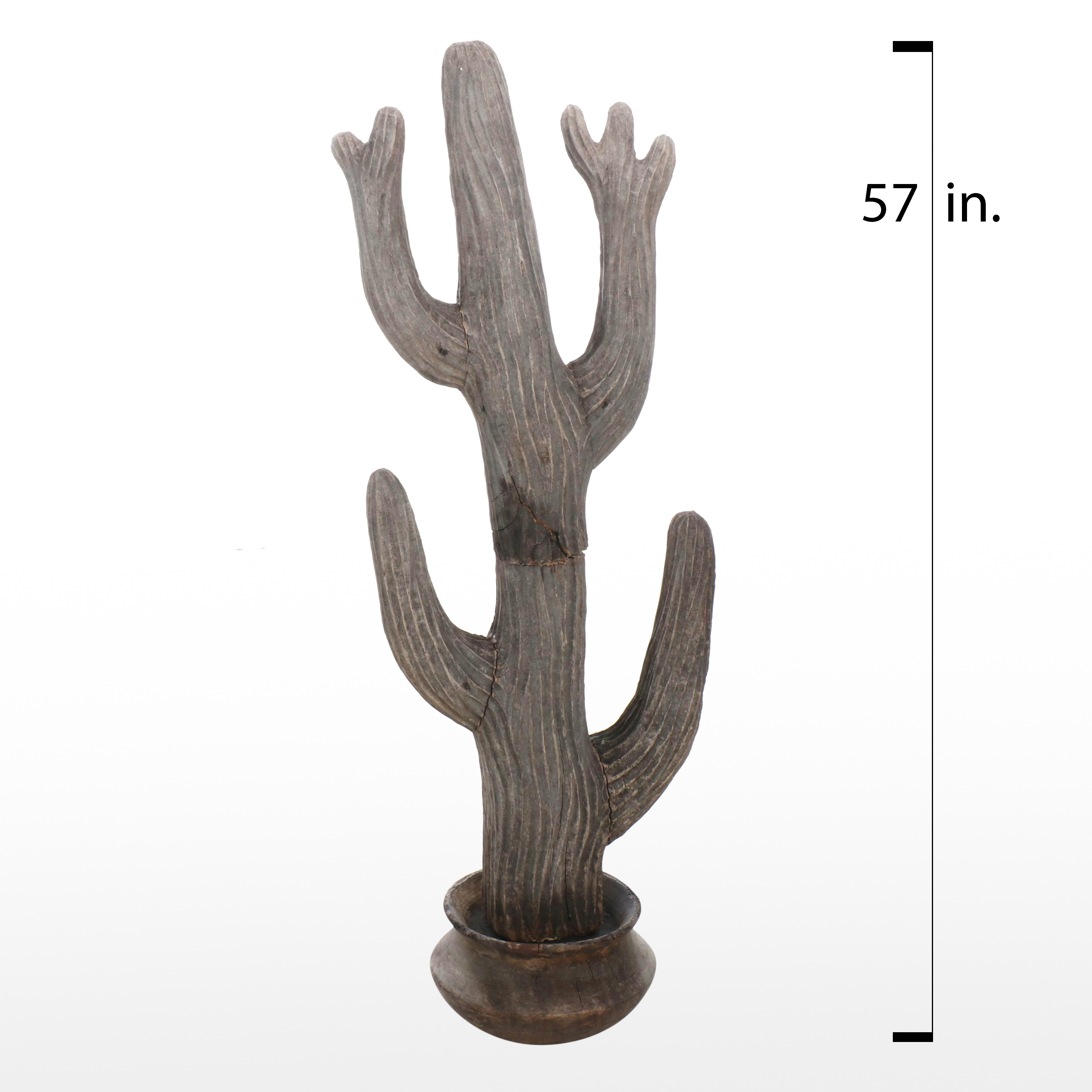 Hand-Carved Wooden Cactus with Tessellated Wood Pot