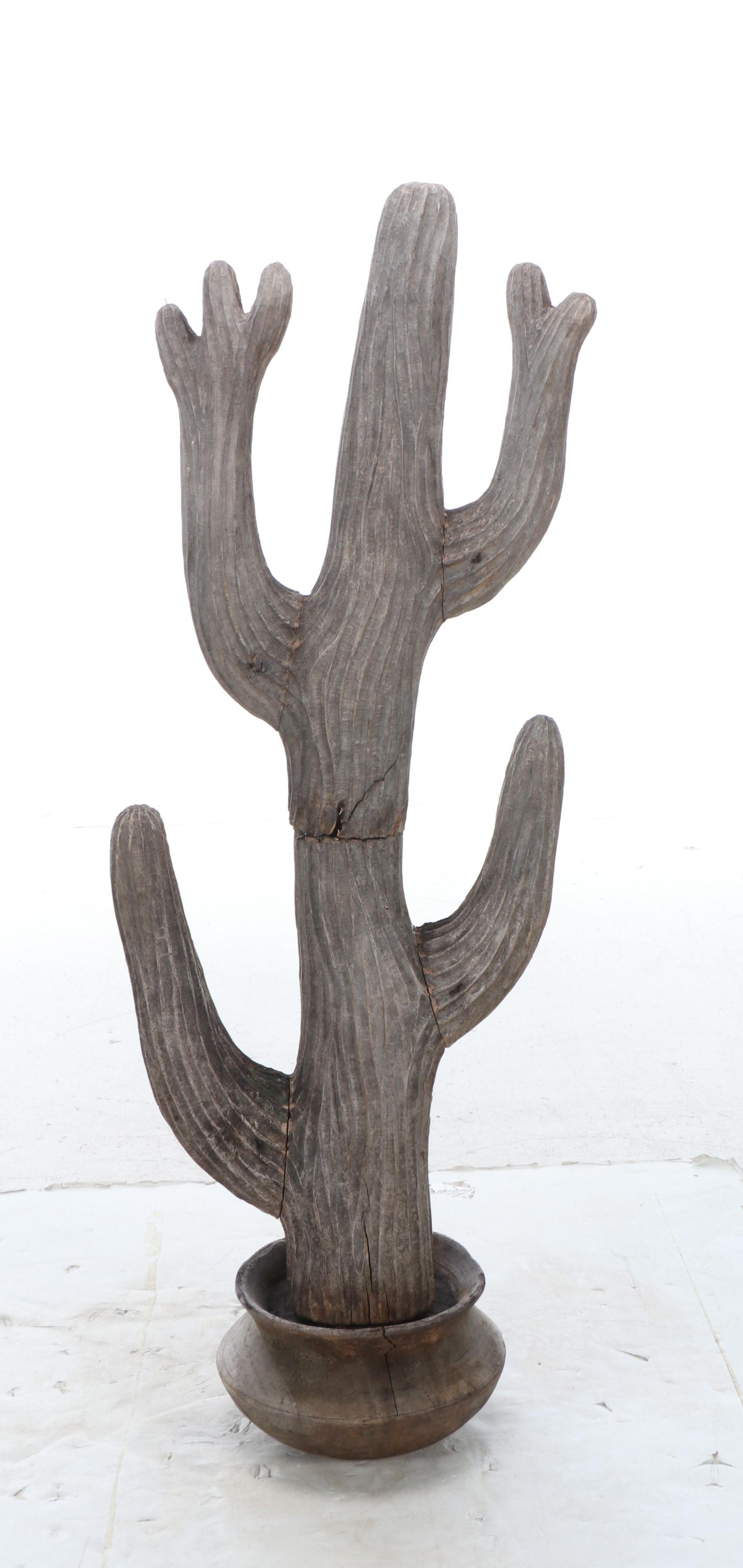 Hand-Carved Wooden Cactus with Tessellated Wood Pot