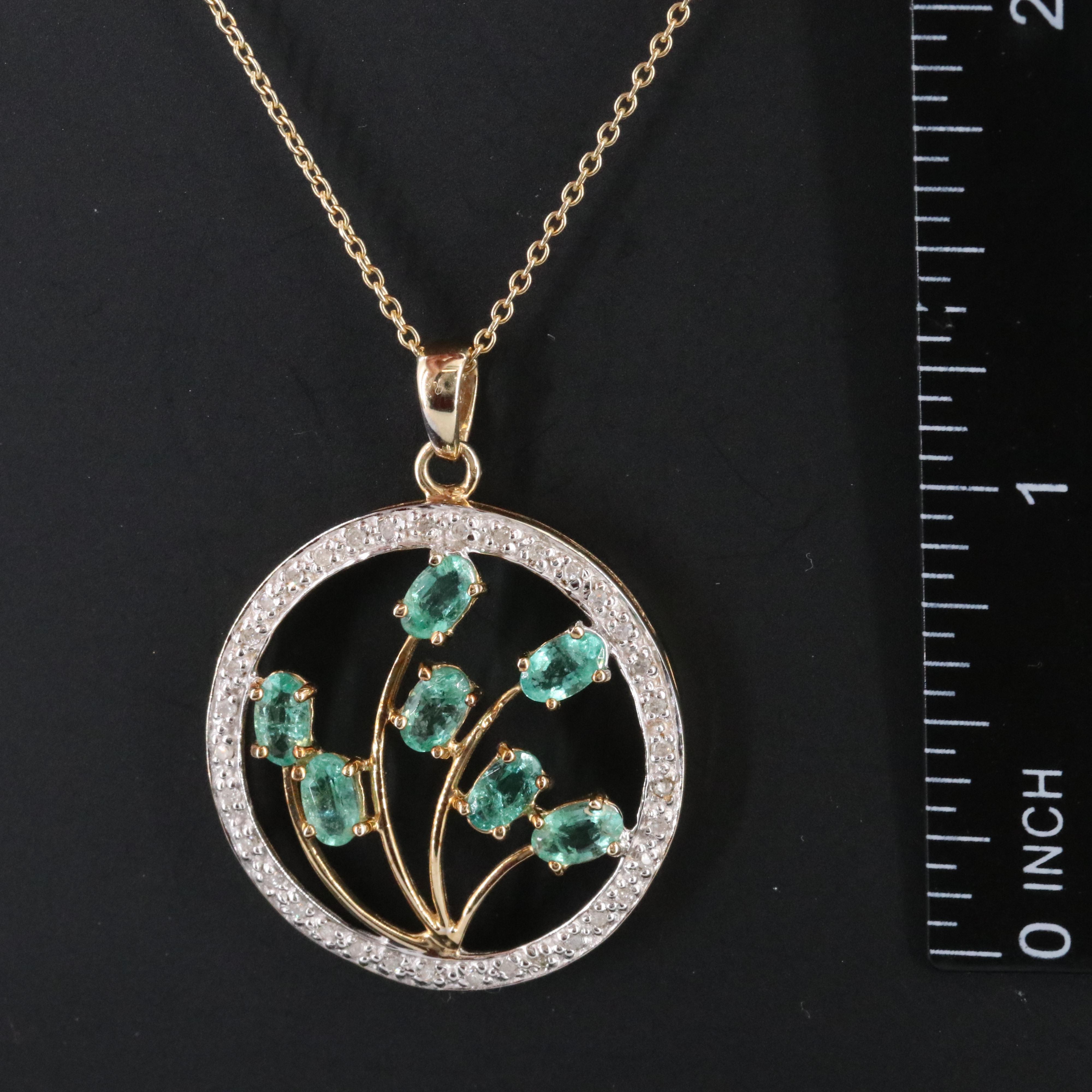10K Emerald and Diamond Circle Pendant Necklace