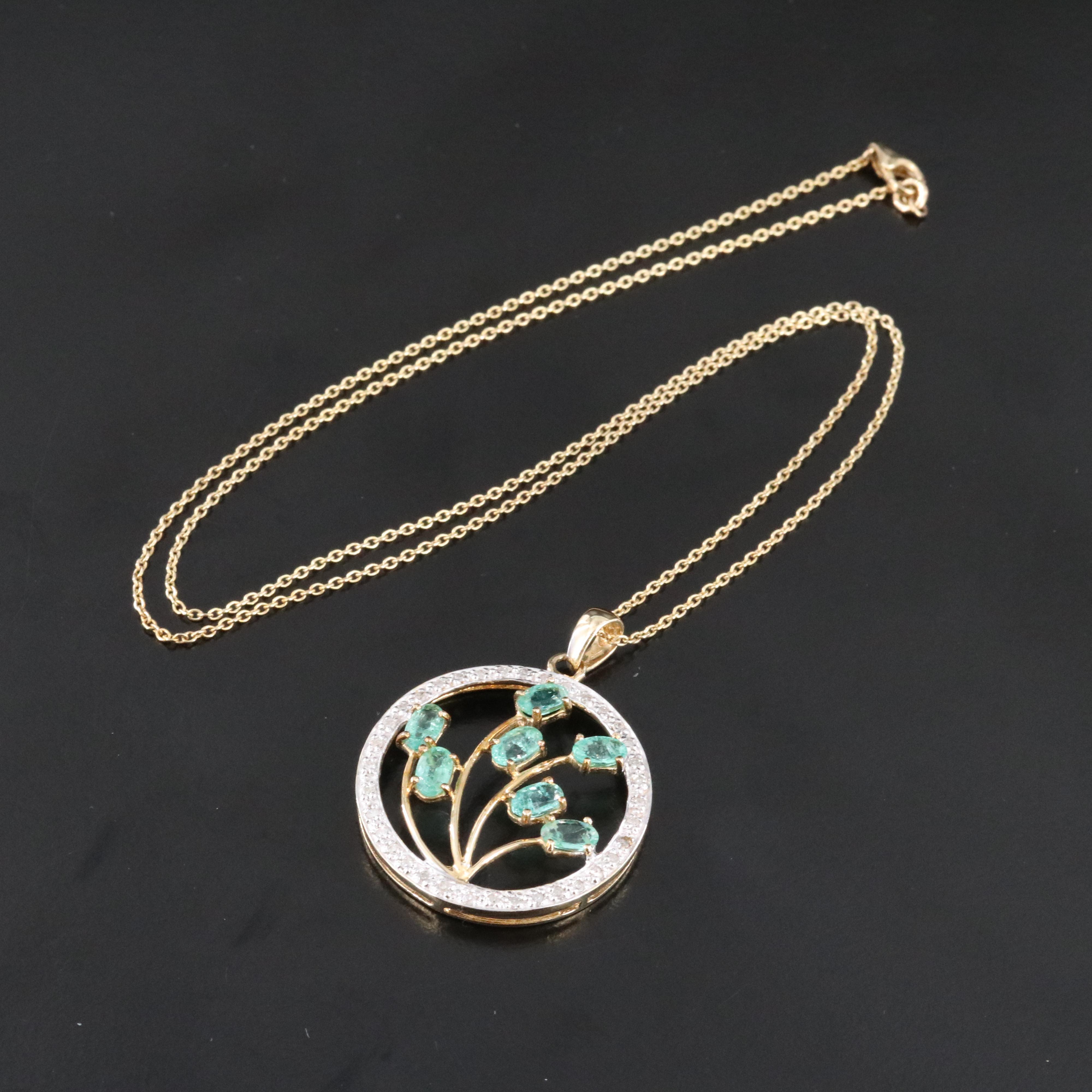 10K Emerald and Diamond Circle Pendant Necklace