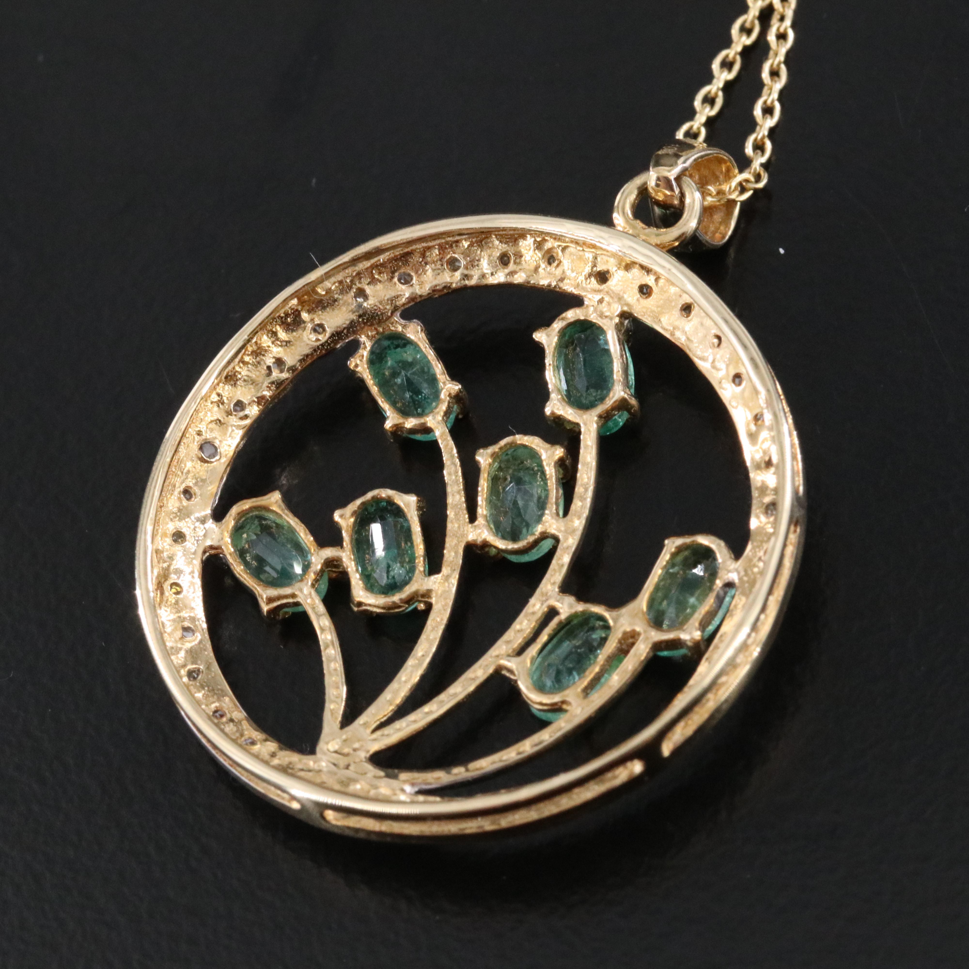 10K Emerald and Diamond Circle Pendant Necklace