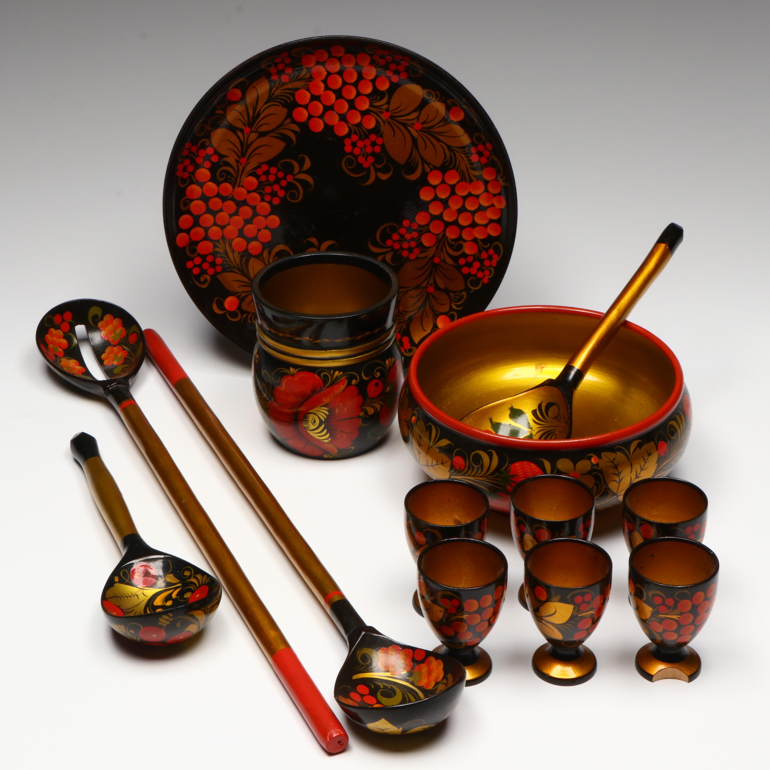 Russian Folk Art Khokhloma Lacquerware Spoons, Cups and Other Tableware