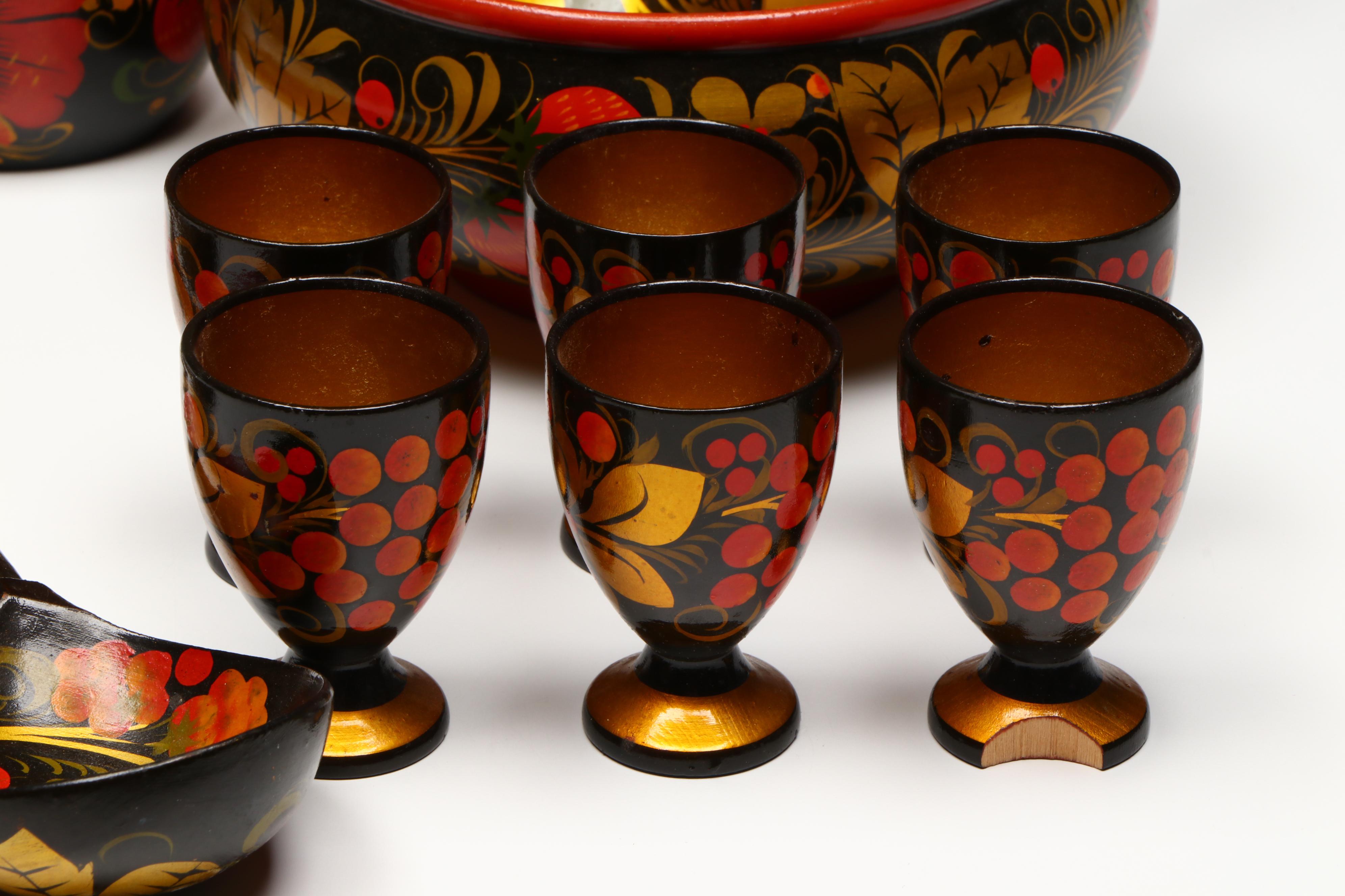 Russian Folk Art Khokhloma Lacquerware Spoons, Cups and Other Tableware