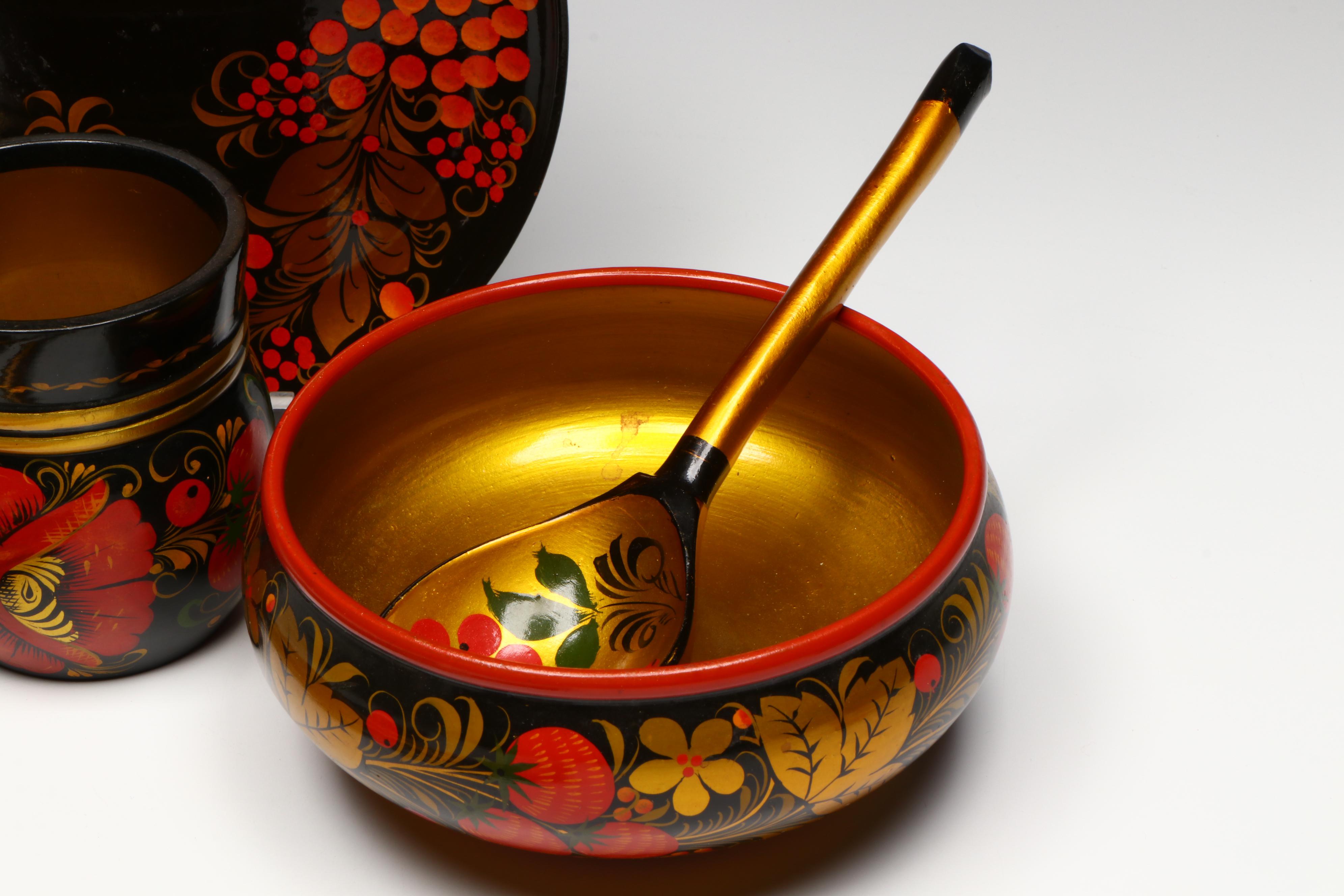 Russian Folk Art Khokhloma Lacquerware Spoons, Cups and Other Tableware