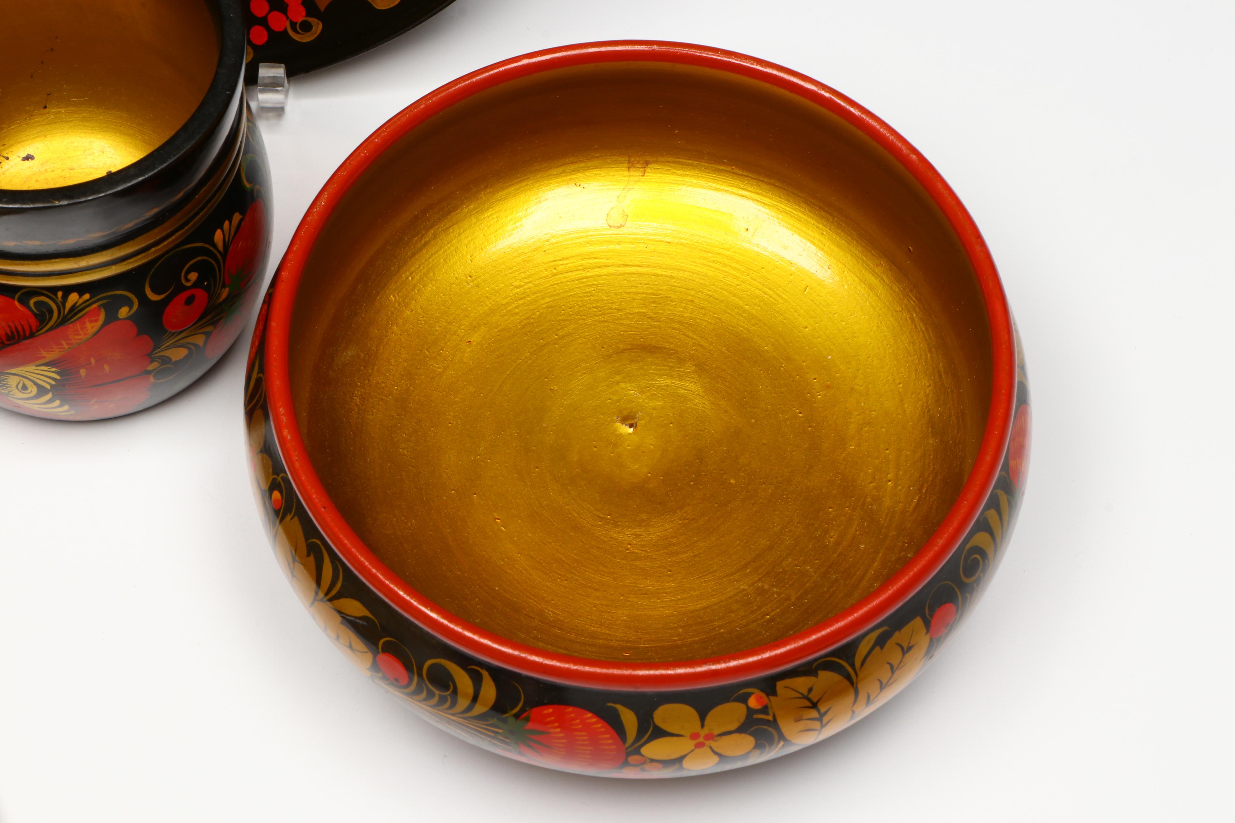 Russian Folk Art Khokhloma Lacquerware Spoons, Cups and Other Tableware