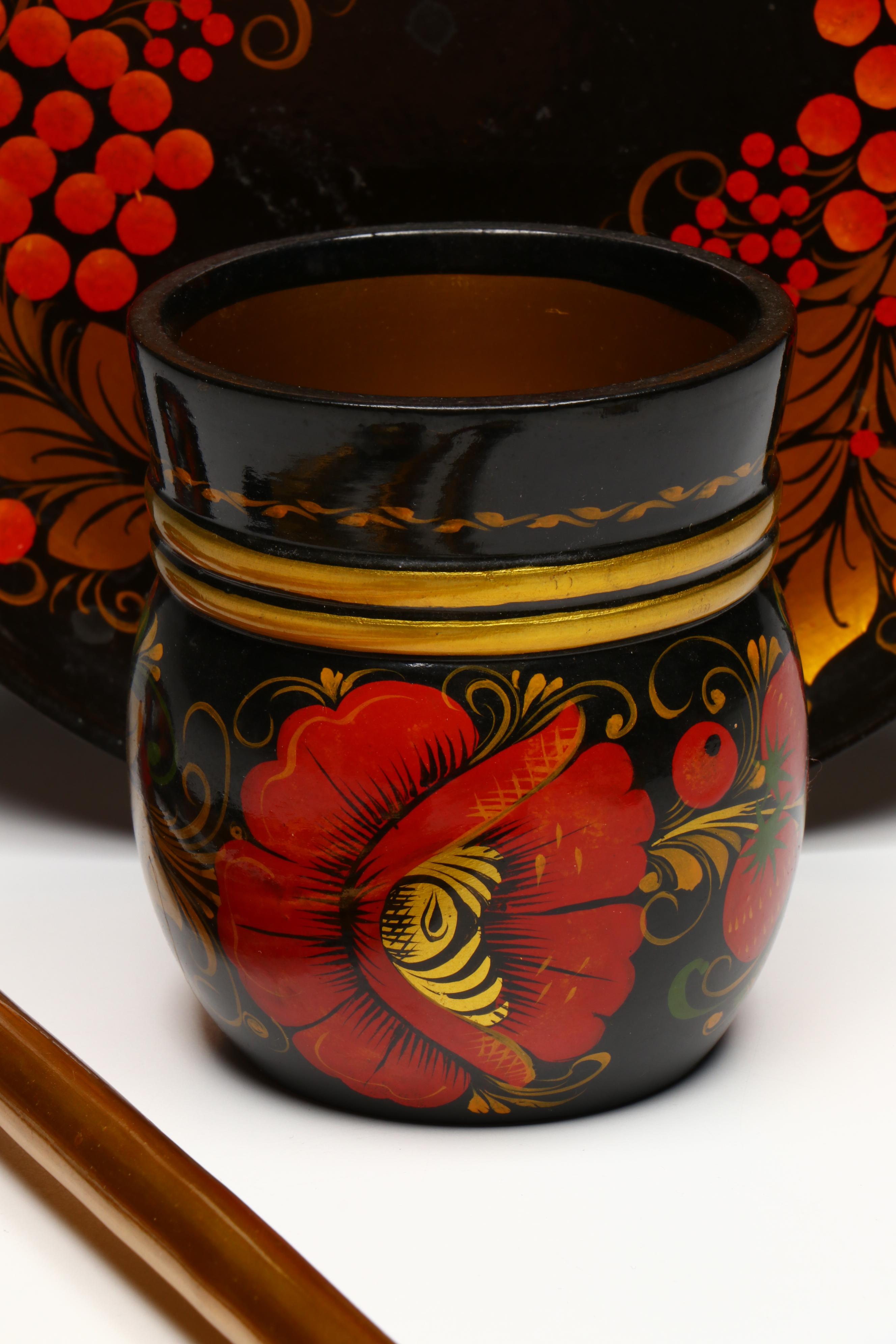 Russian Folk Art Khokhloma Lacquerware Spoons, Cups and Other Tableware