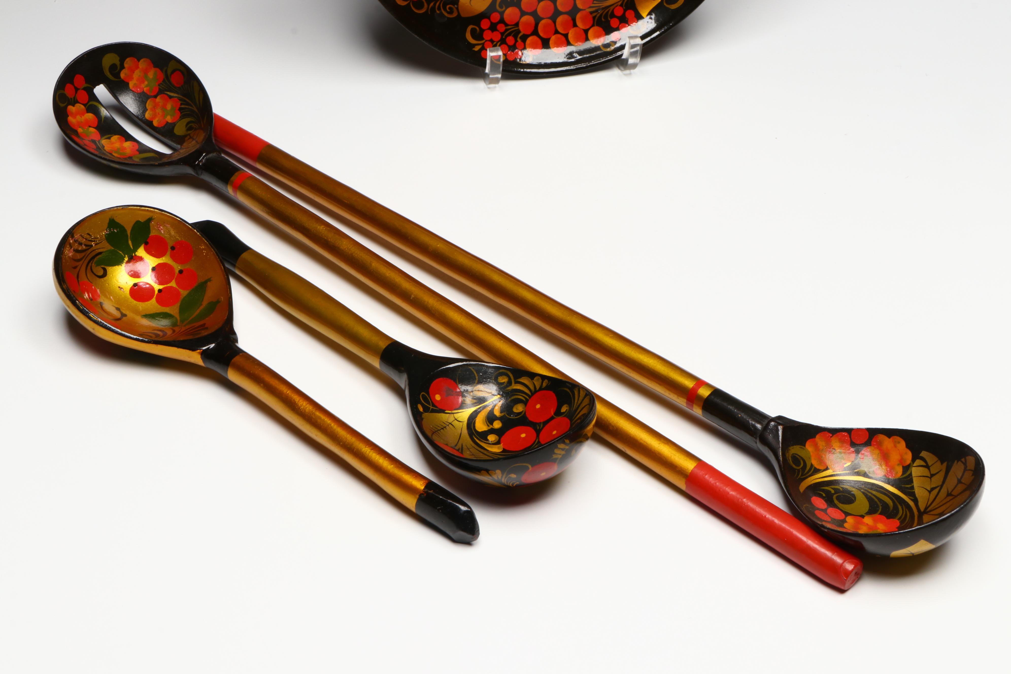 Russian Folk Art Khokhloma Lacquerware Spoons, Cups and Other Tableware