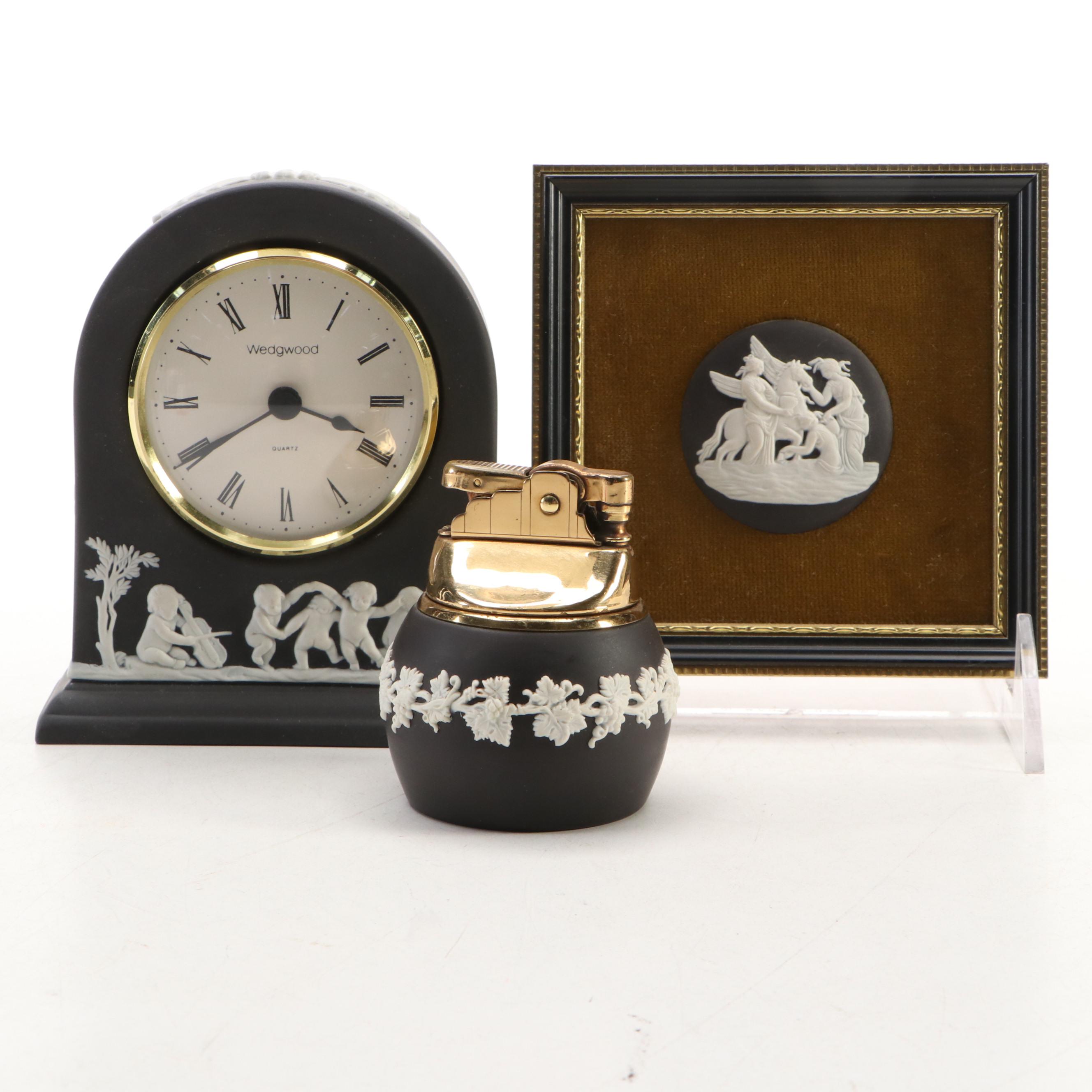 Wedgwood Black Jasperware Clock, Lighter and Framed Medallion