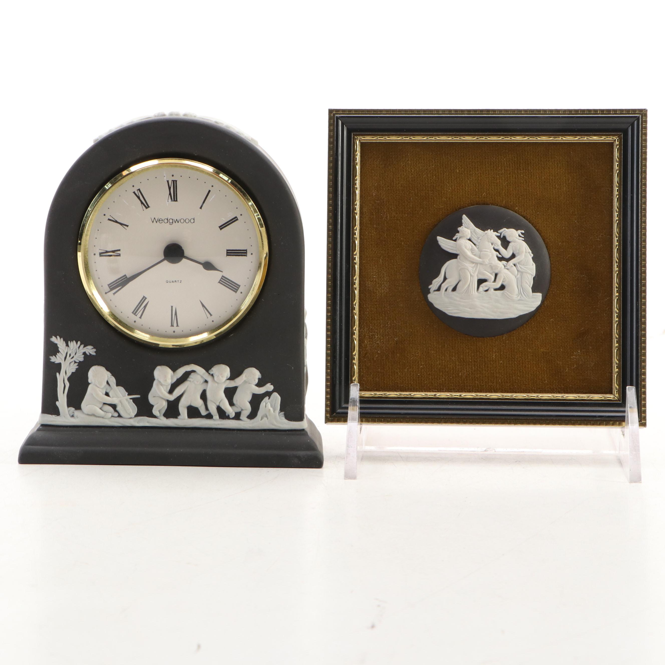 Wedgwood Black Jasperware Clock, Lighter and Framed Medallion