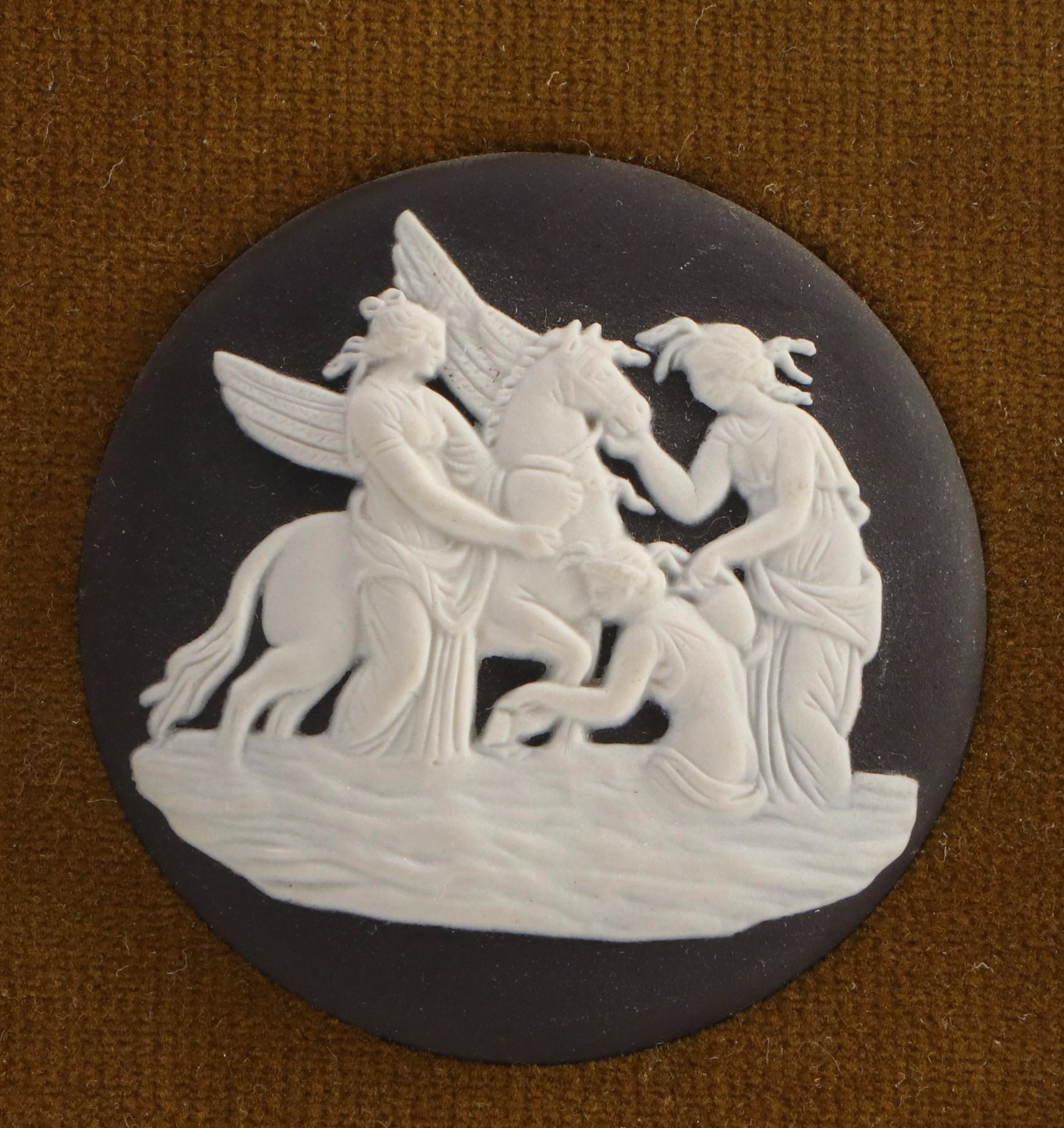 Wedgwood Black Jasperware Clock, Lighter and Framed Medallion