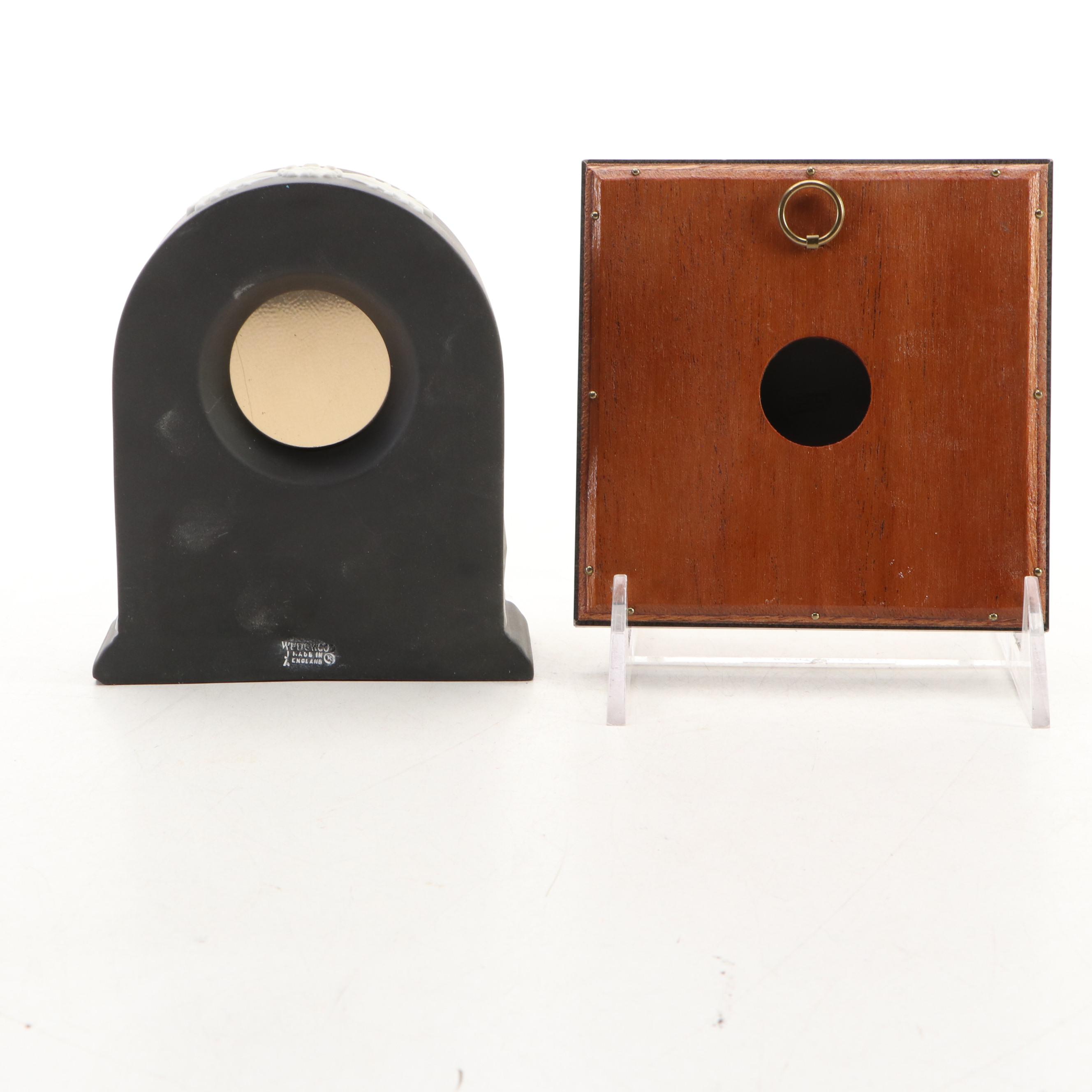 Wedgwood Black Jasperware Clock, Lighter and Framed Medallion