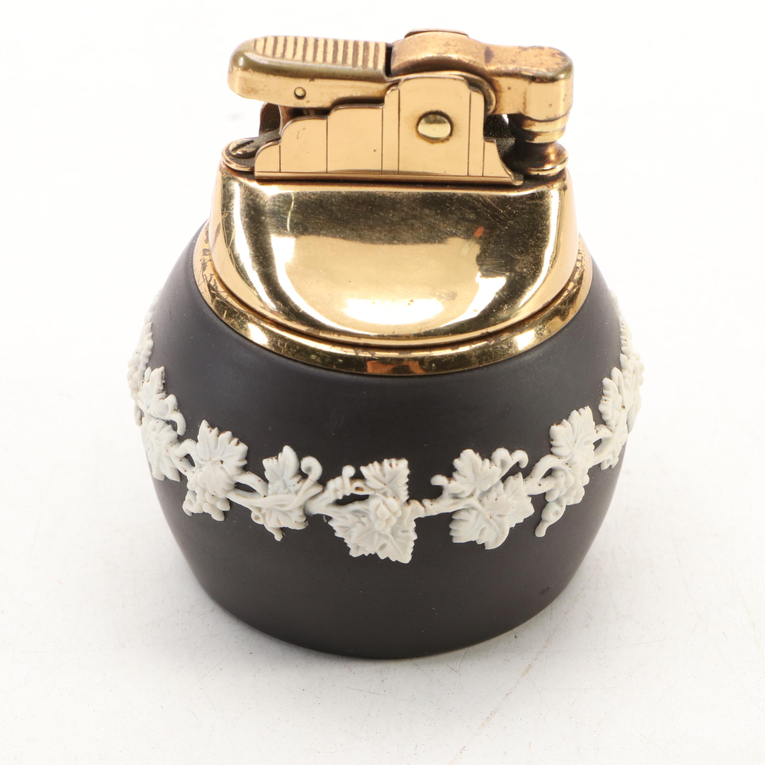 Wedgwood Black Jasperware Clock, Lighter and Framed Medallion